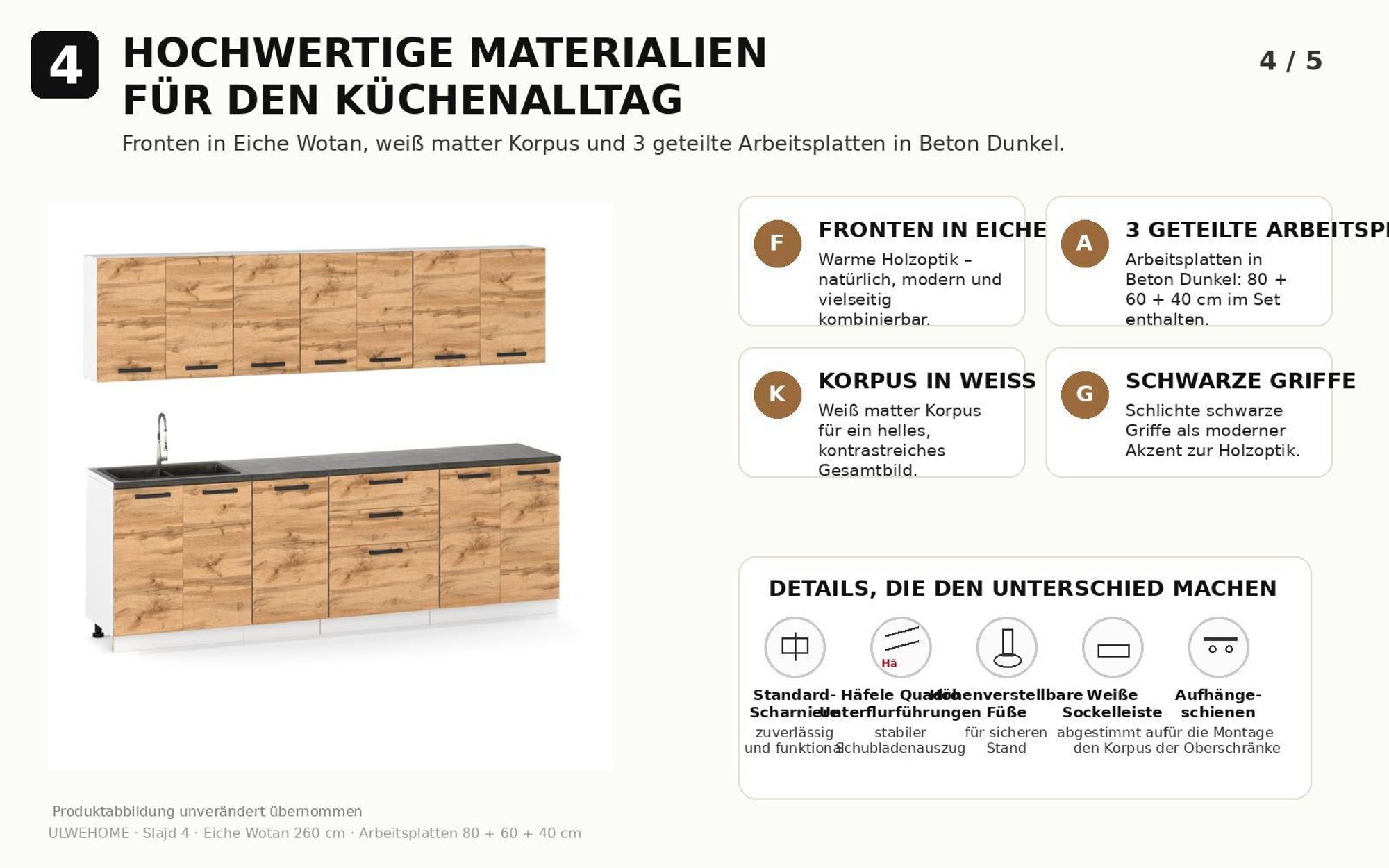 Hochwertige Materialien: Eiche Wotan, weißer Korpus und Arbeitsplatte in Beton Dunkel