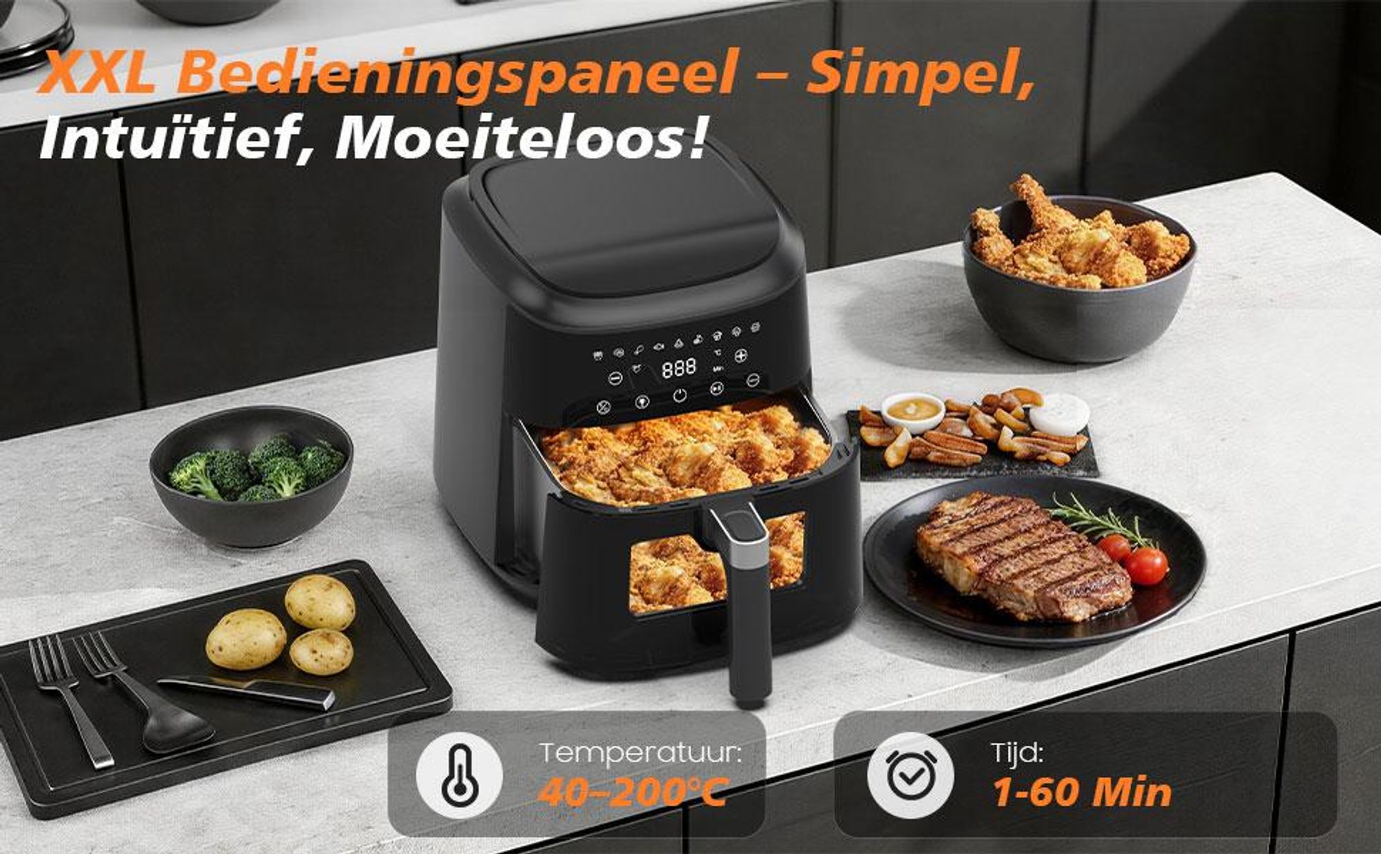 Heteluchtfriteuse, olievrij, metalen binnenruimte, 6L, verlicht kijkvenster, 9 voorgeprogrammeerde kookstanden, vaatwasmachinebestendig, 1650W