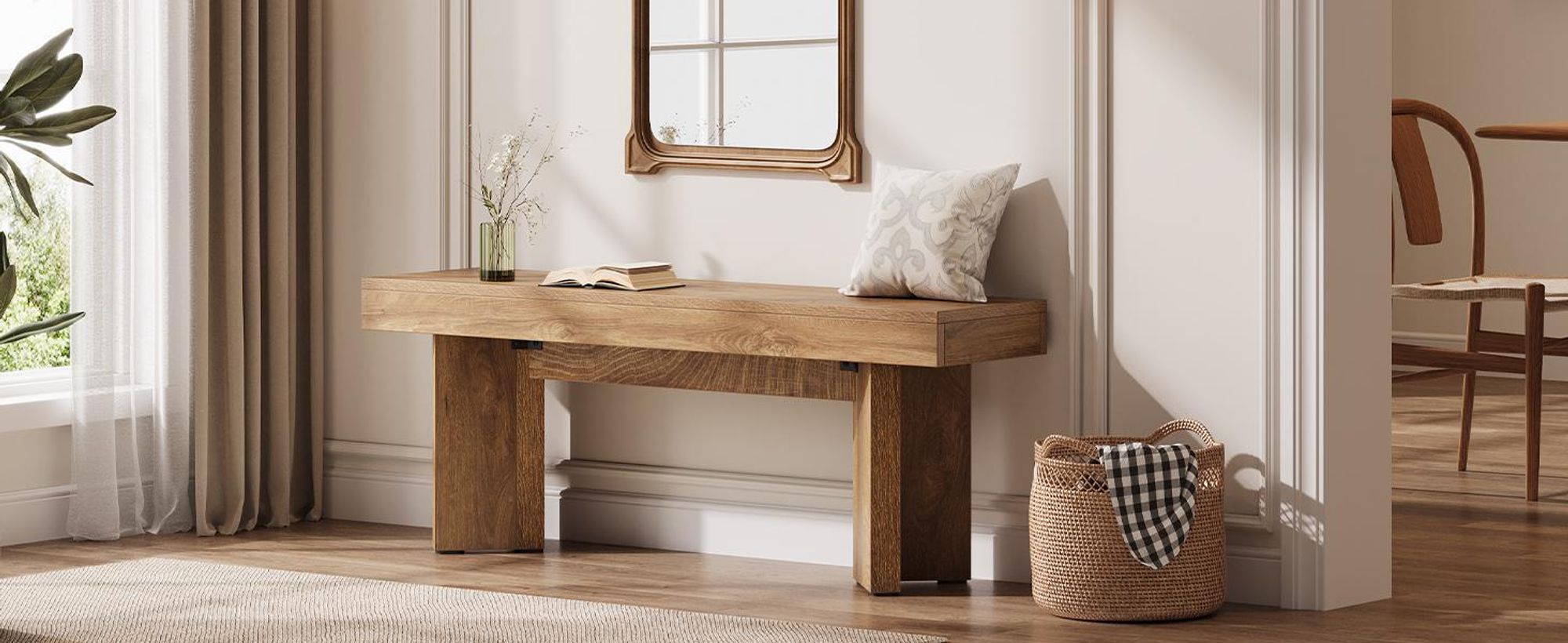 120 cm lange Holz-Eingangsbank, Landhaus-Sitzbänke für den Innenbereich am Fußende des Bettes, lange Tischbank als Sitzgelegenheit, Schuhbank