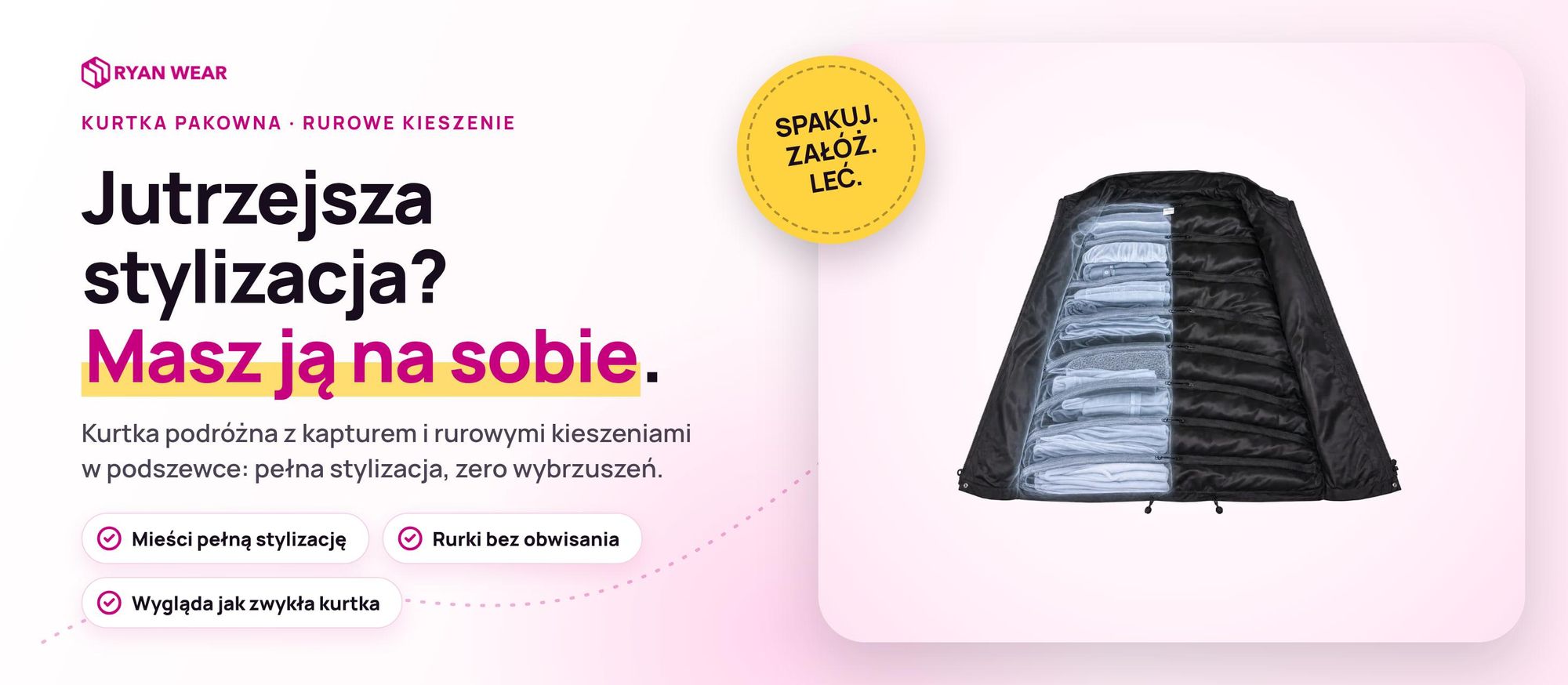 Kurtka pakowna Ryanwear: kurtka podróżna uni z kapturem i rurowymi kieszeniami na ubrania