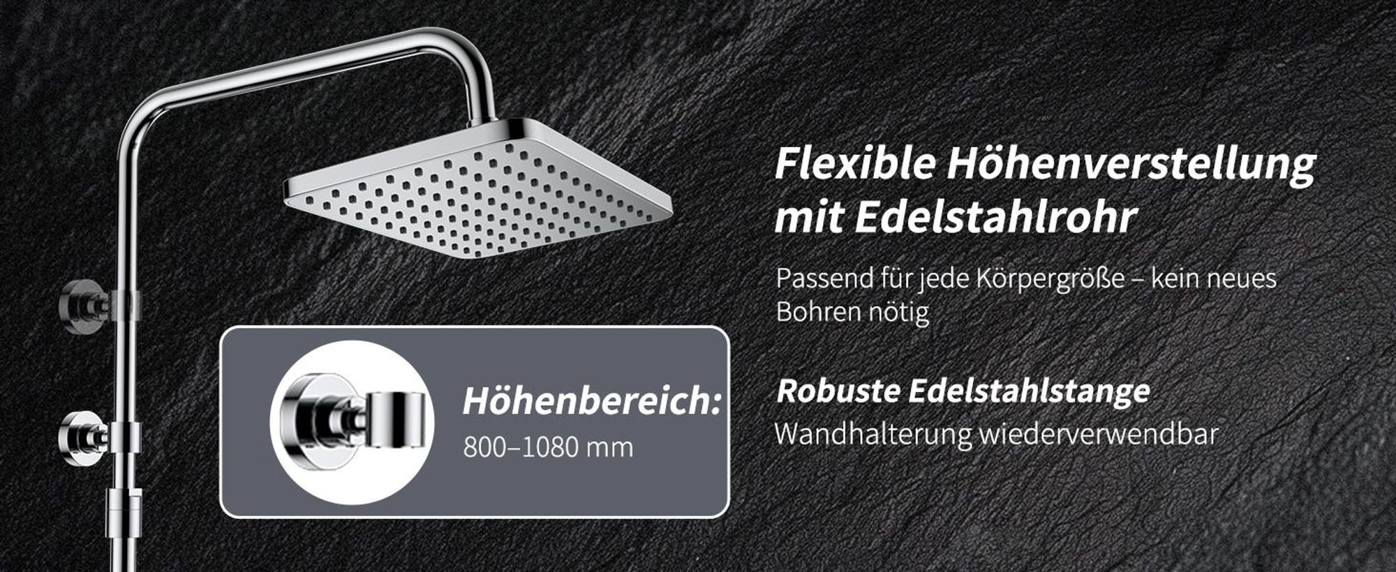 Homelody Duschsystem ohne Armatur, Duschset Duschsäule mit 28*18cm eckige kopfbrause & Handbrause mit Wasserstopp-Taste, 3 Strahlarten, Chrom
