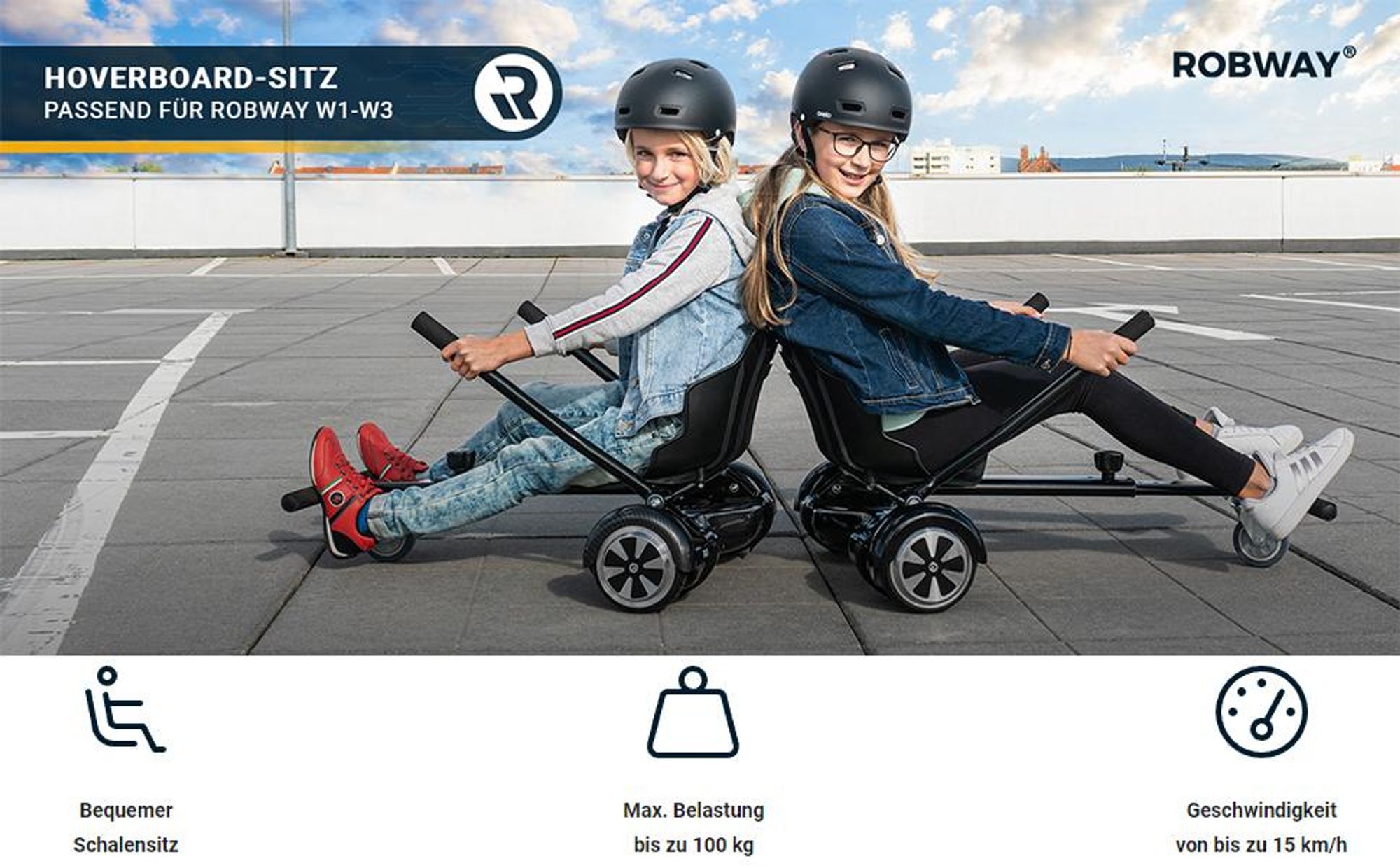 ROBWAY Hoverboard-Sitz | Hoverkart Sitzscooter - Hoverboard Kart Aufsatz - Go-Kart - Roller - Passend für Robway W1, W2, W3, - 6,5 - 10 Zoll - Schwarz
