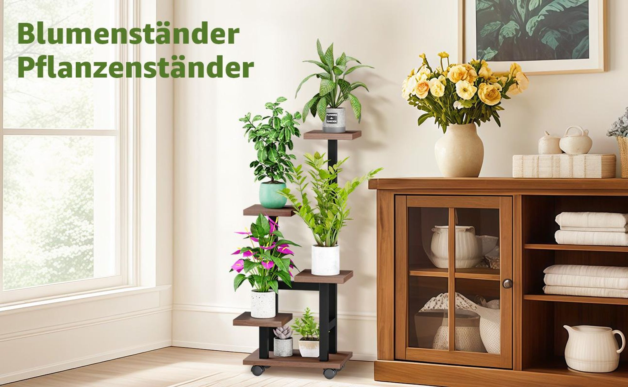 Mulisoft 5-Tier Hölzern Blumenregal Pflanzenregal, Mehrstöckig Blumenständer Pflanzenständer, Blumenbank Blumentreppe Pflanzentreppe, Standregal für Innen Garten Balkon Deko mit Rollen, Braun