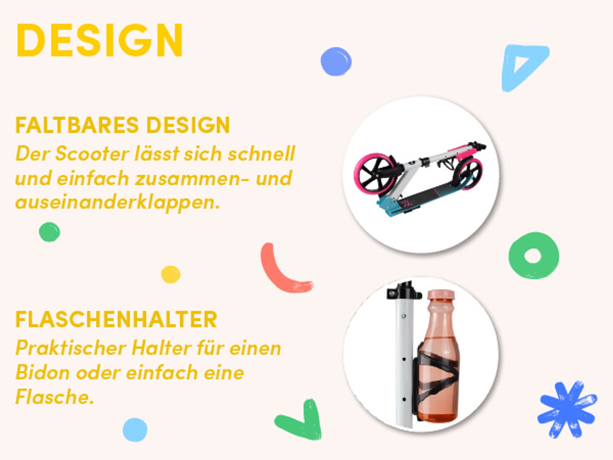 Roller Cityroller für Kinder mit Tragegurt, Bremsen und Flaschenhalter