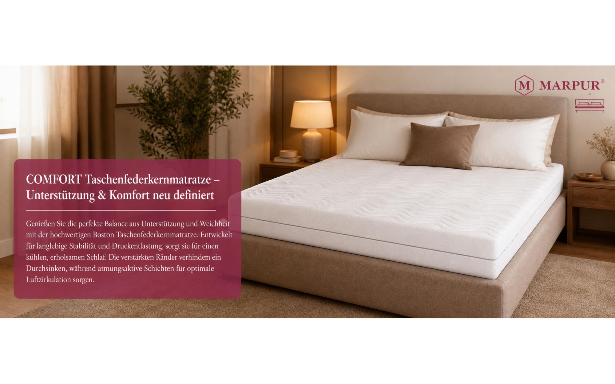 MARPUR Taschenfederkernmatratze 180x200 Comfort, 7 Zonen, H3/H4, Höhe 26 cm, Latex-Kokos
