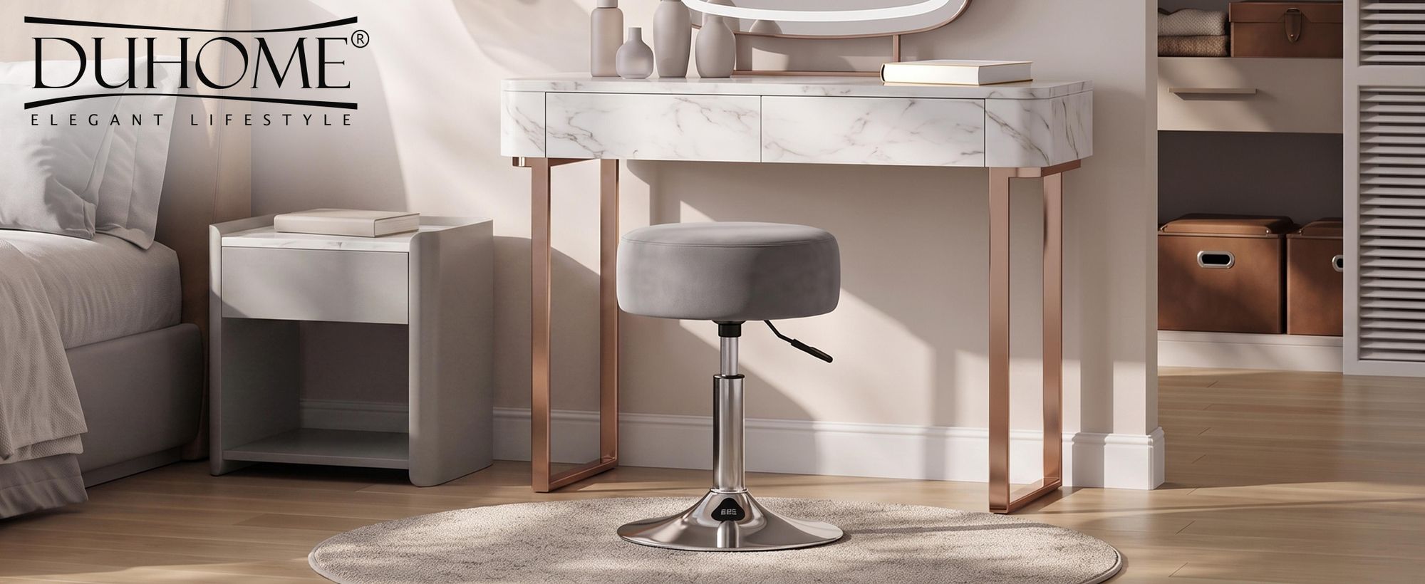 Duhome Drehhocker Höhenverstellbar Schminkhocker aus Samt Sitzhocker mit Polsterung Barhocker Drehbar für Schlafzimmer Wohnzimmer Bistro, Grau