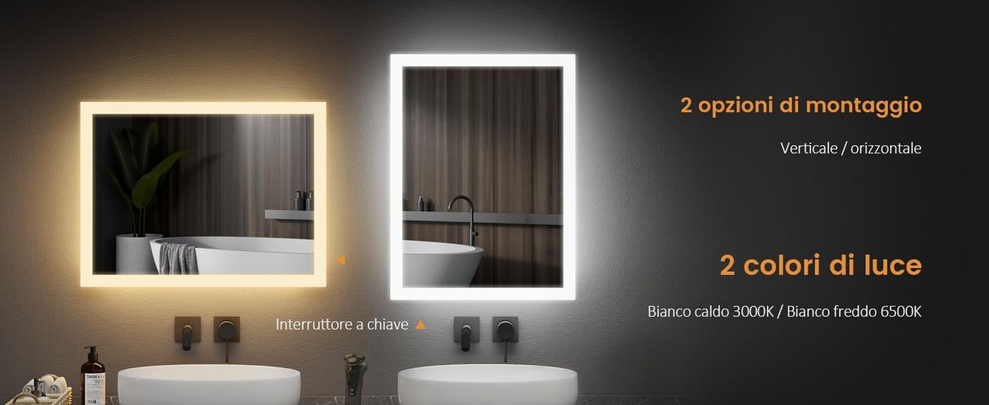 Specchio da bagno EMKE LED 60x80 cm con illuminazione e antiappannamento, specchio da parete con interruttore meccanico Specchio da bagno 3000K/6500K Colori della luce