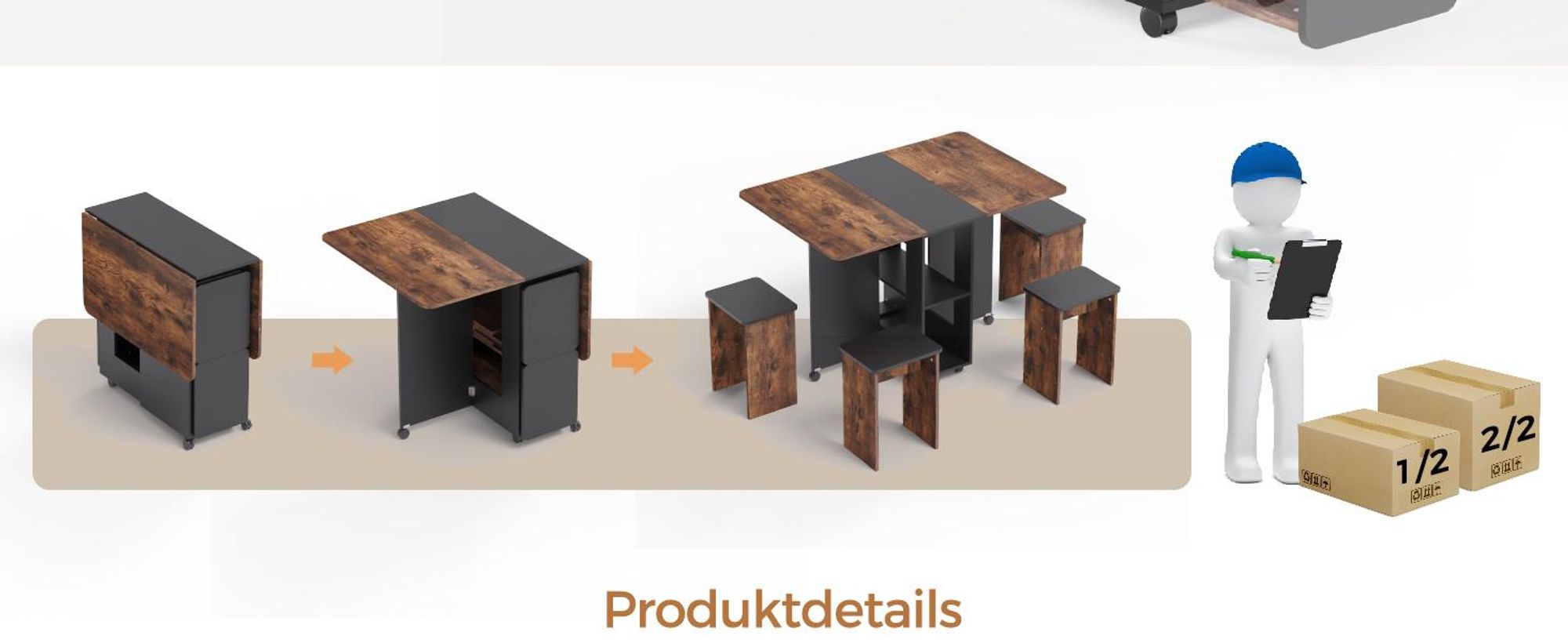 Mondeer Esstisch mit 4 Hockern Platzsparend (120x80→33x80cm), Rollbar mit Bremsen, 3-in-1 Funktion & Schnell Aufgebaut Braun und Schwarz