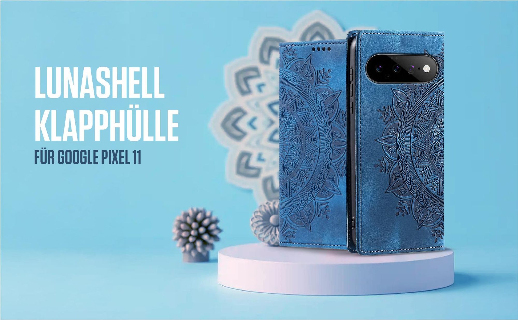 Blaue Klapphülle für Google Pixel 11 / 11 Pro mit feiner Mandala Prägung