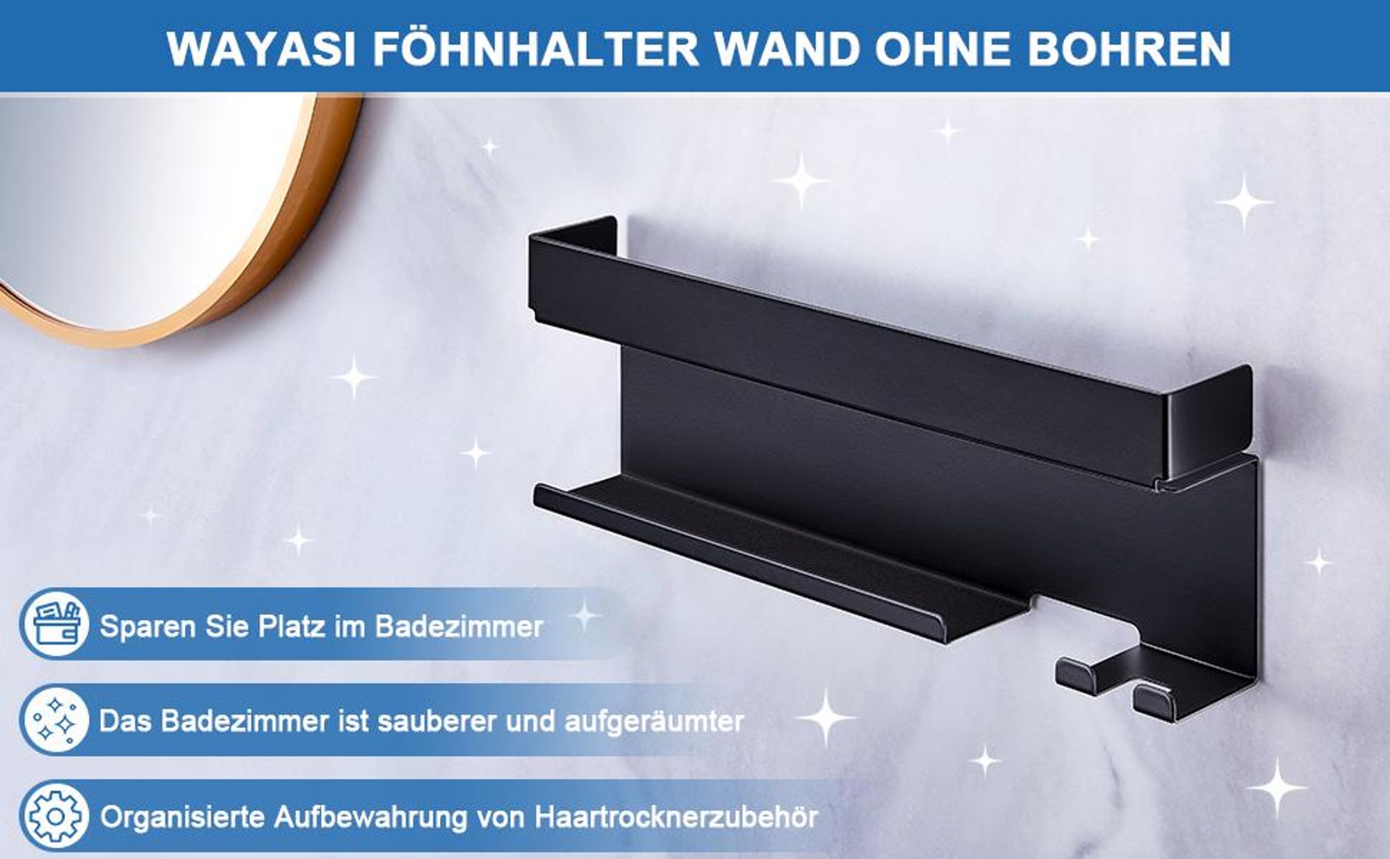 Föhnhalter Wand Ohne Bohren, Föhn und Glätteisen Halterung Für Styler Lockenstab Zubehör, Fönhalterung Wandhalterung, Selbstklebend Haartrocknerhalter