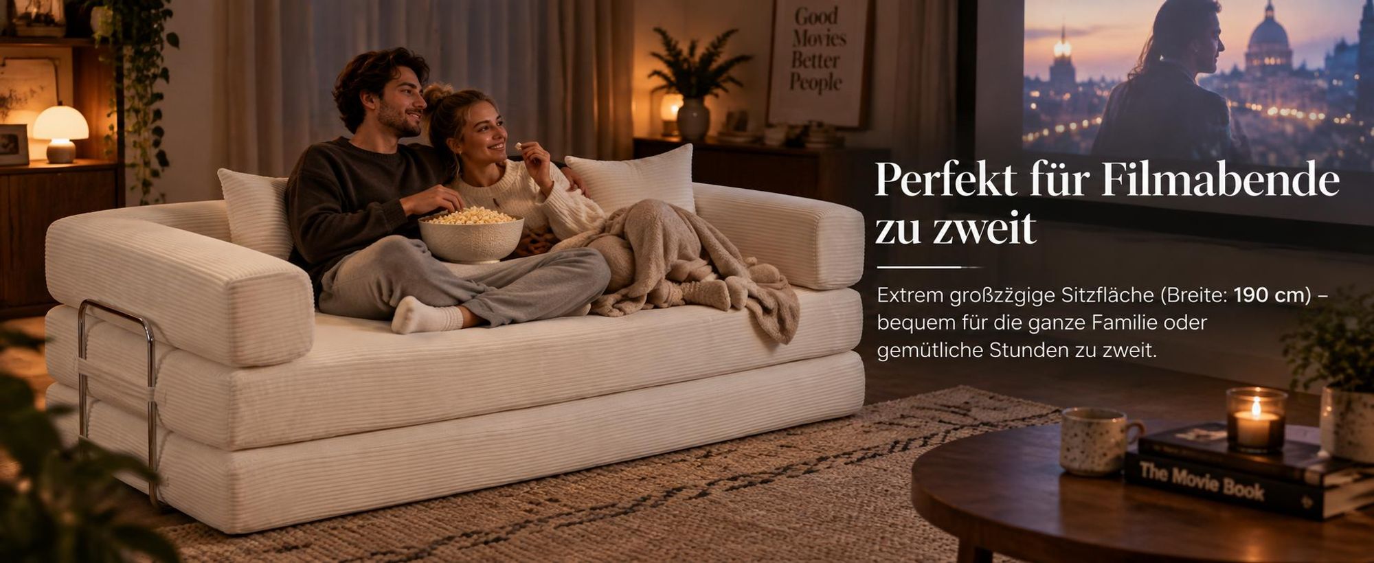 PixelPilot Schlafsofa 2-Sitzer aus Cord, ausklappbar, modular & montagefrei, weich und robust für Wohnzimmer