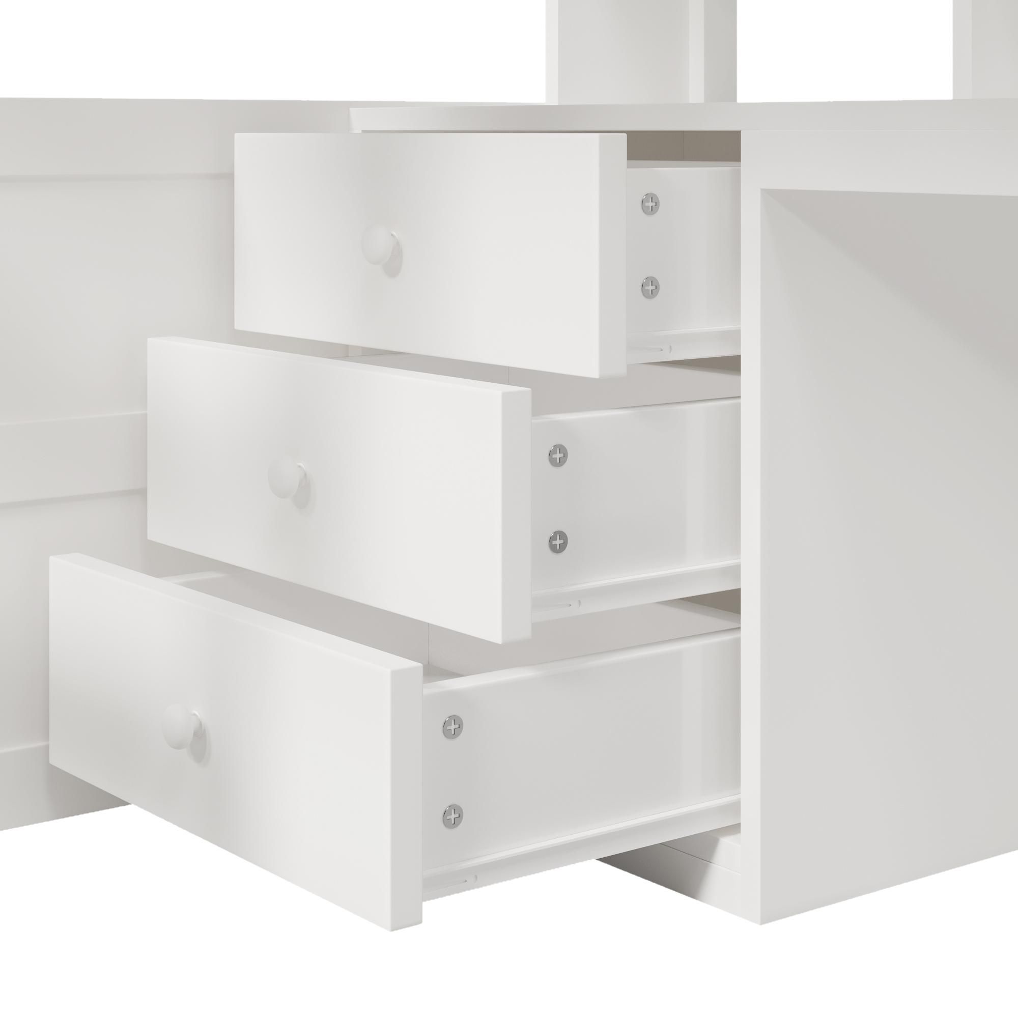 Merax Etagenbett Hochbett 140×200 cm, LED-Beleuchtung, Kleiderschrank, Schreibtisch, Schubladen, Staufächer, Kinderbett, Stockbett, Jugendbett, Weiß