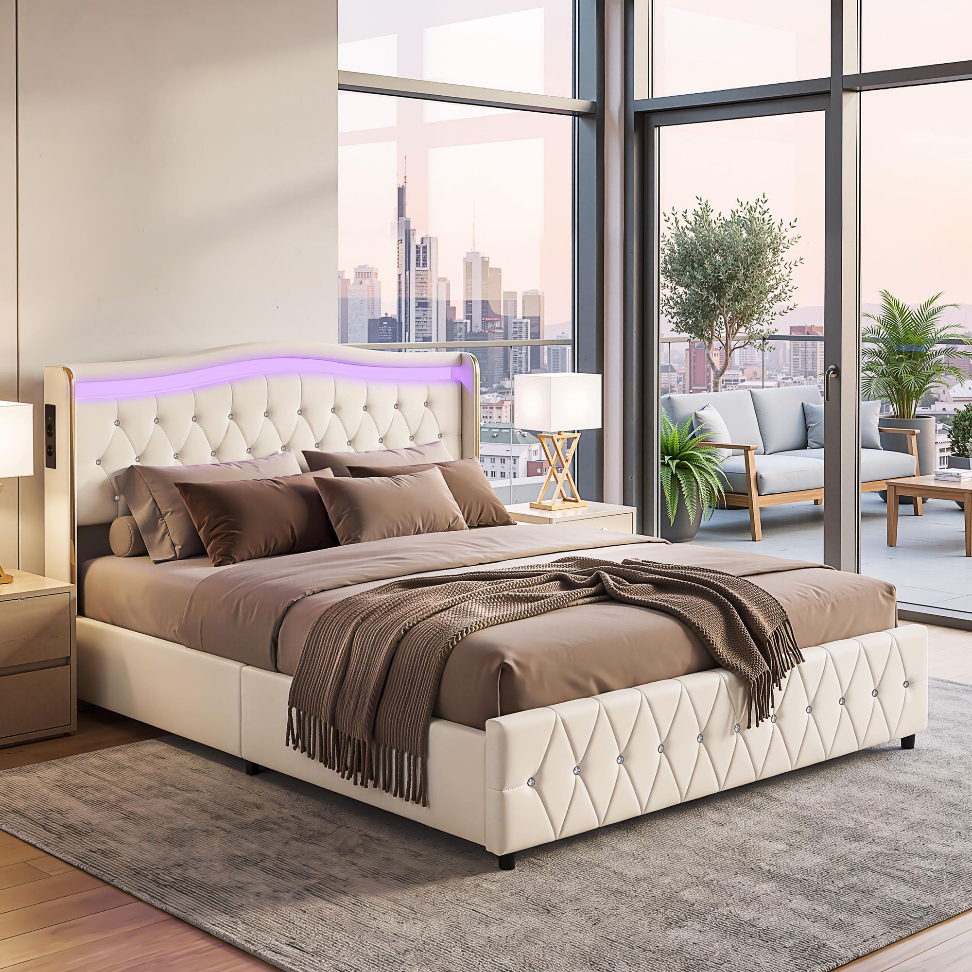 OYAJIA Polsterbett 90x200cm mit LED, Doppelbett mit 2 Schubladen Stauraum und Kopfteil, Stauraumbett Jugendbett mit USB&Type-C, Kunstleder Bettgestell
