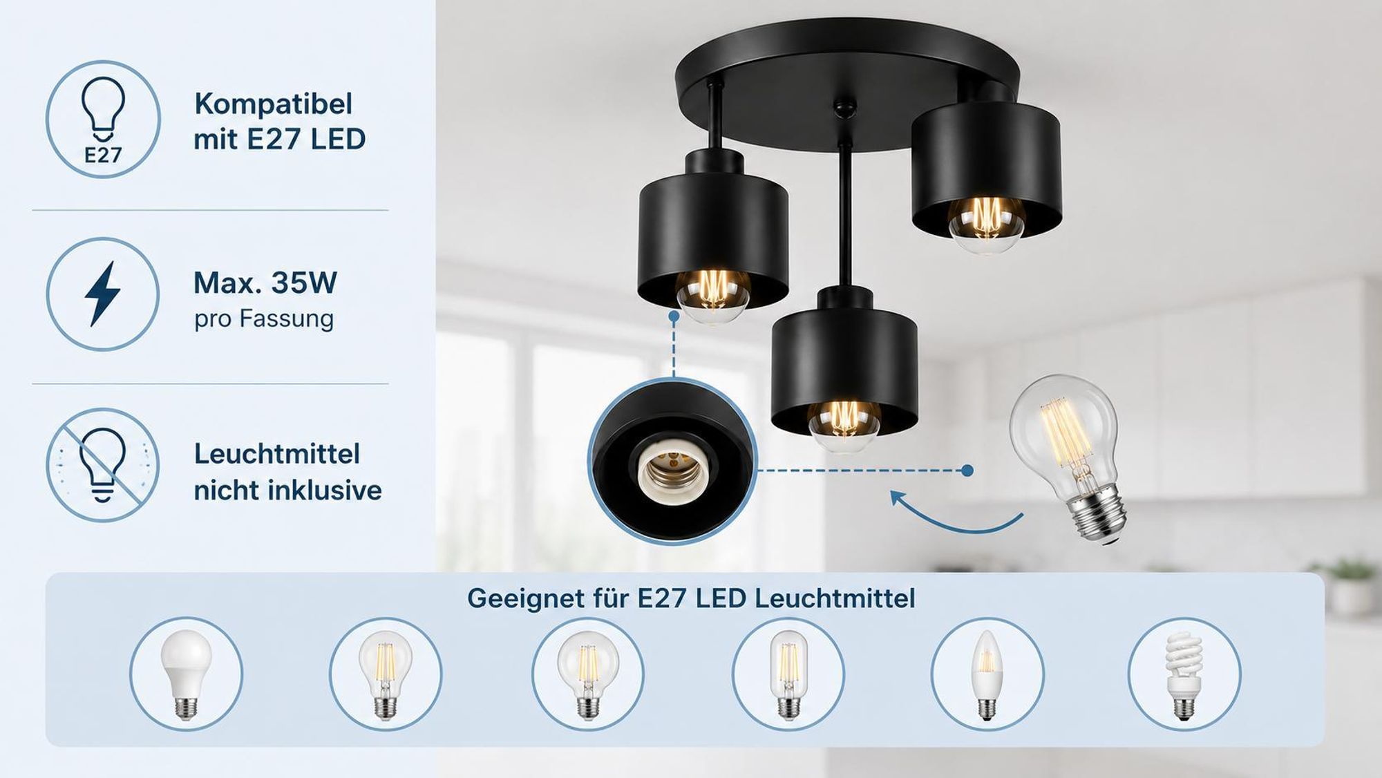 MasterLED Deckenleuchte – 3-flammig – Schwarz E27 – Moderne Deckenlampe Industrie-Design – Stahl