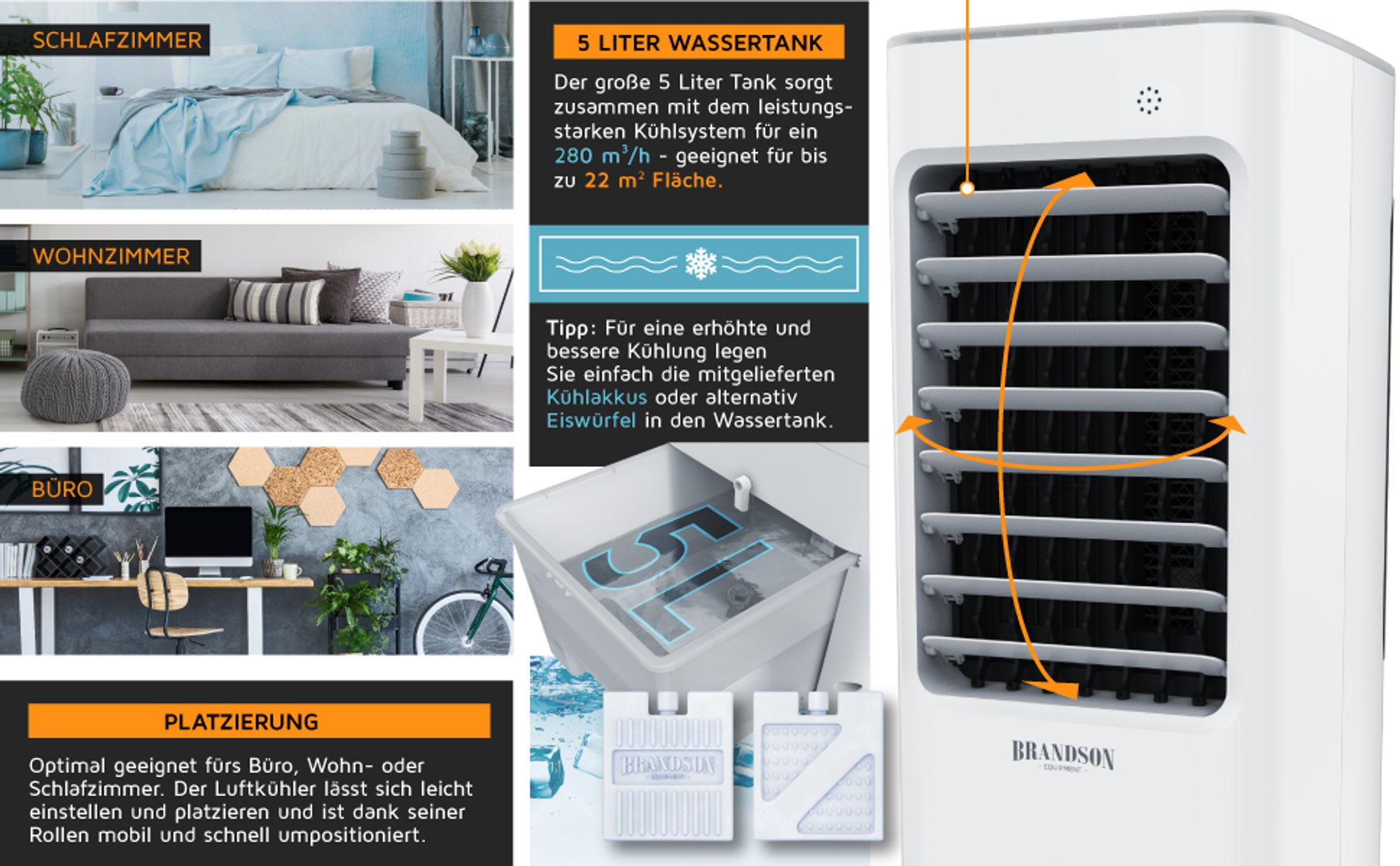 Brandson Luftkühler mit großem Wassertank, ideal fürs Schlafzimmer, Büro oder Wohnzimmer