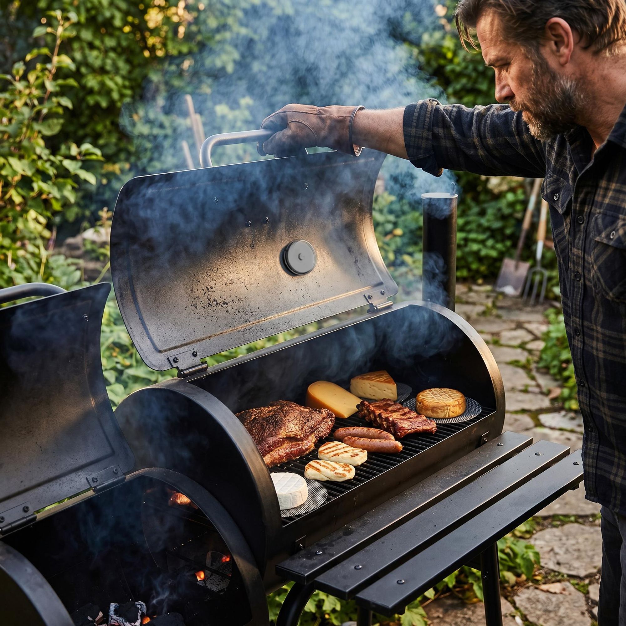Grill wędzarniowy i węglowy LEHMANN 2 w 1 – 2 komory, pokrywa, wbudowany termometr i uchwyt odporny na wysoką temperaturę, kolor czarny