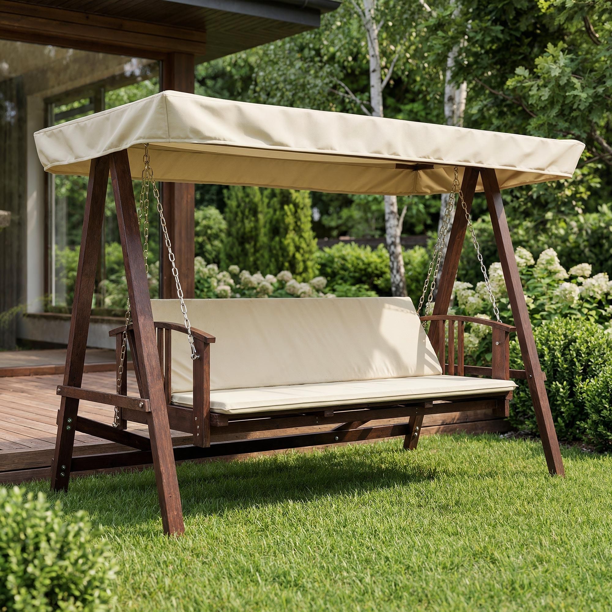 di volio Hollywood Schaukel ESTRI – 3-Sitzer Gartenschaukel aus Lärchenholz mit Liegefunktion und Sonnendach, wetterfeste Schaukelbank (Creme)