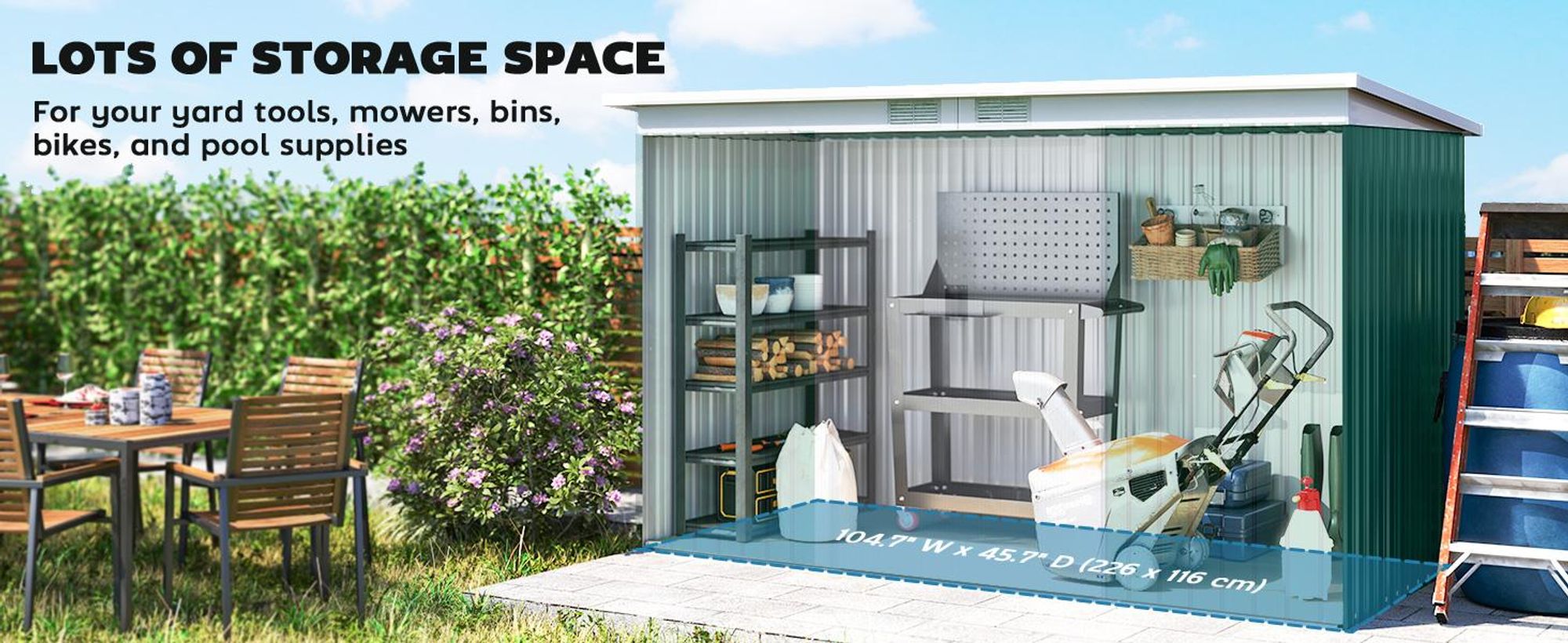 Metalowa szopa narzędziowa Outsunny 6,3 m³ 280x130x172 cm z dachem jednospadowym, drzwiami przesuwnymi, odporna na warunki atmosferyczne, ogrodowa szopa ogrodowa, szafka, do ogrodu, na zewnątrz, antracyt, ciemnozielony