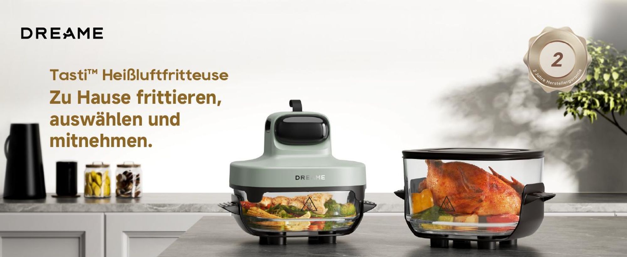 Dreame Tasti AirFryer 5-in-1 Heißluftfritteuse,6mm starkes,tragbares Borosilikatglas,3D-Heißluftzirkulation,spülmaschinenfest,360°Sicht,2.5l+4.5l,Grün