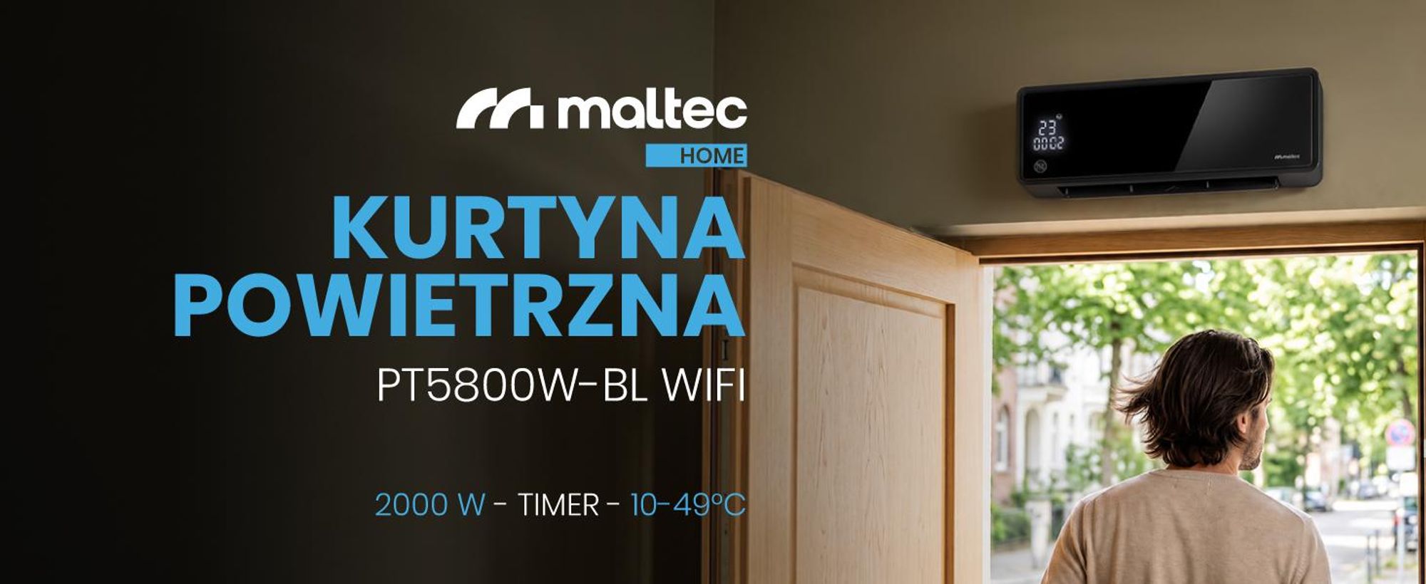 Kurtyna Powietrzna Mocny Grzejnik Energooszczędny WiFi Pilot Timer 2000W PT5800W-BL