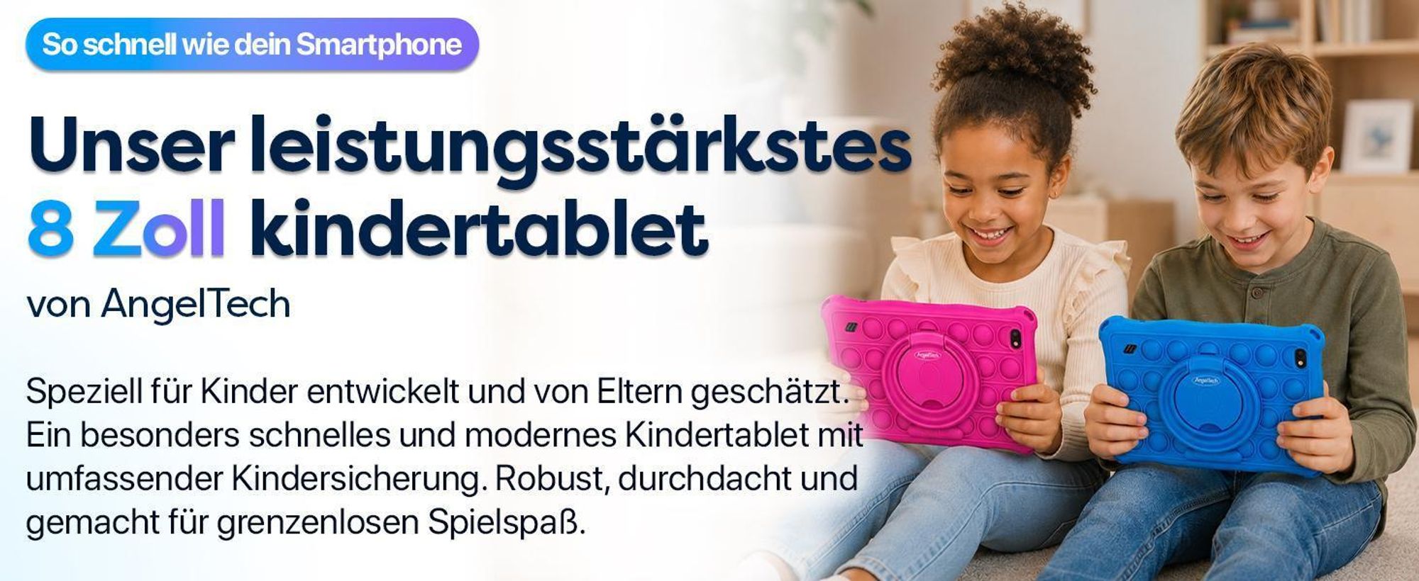 AngelTech Kindertablet PRO MAX - Android 15 - 4+3 GB RAM - 64+64 GB - Octa-Core-Prozessor - Schnelles 8 Zoll Kindertablet - Elterliche Kontrolle- Blau