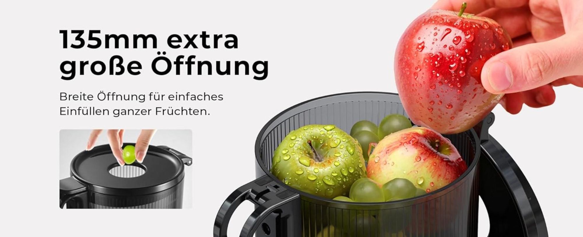 Balter Entsafter für Obst und Gemüse, 300W Saftpresse, Große 1300mm Einfüllöffnung inkl. Reinigungsbürste, Dreifach Filter, Leise, BPA-frei, Anthrazit