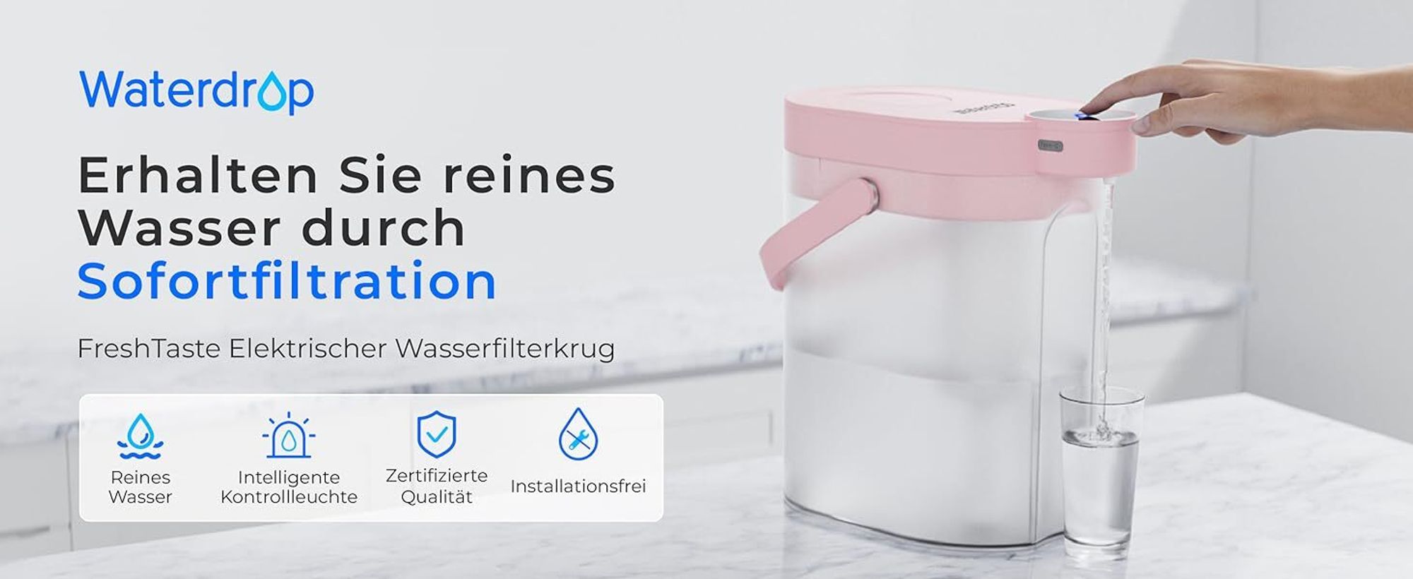 Waterdrop FreshTaste Wasserenthärte Elektrischer Wasserfilter Kanne, 4L Wasserfilter Spender für Kühlschrank, Reduziert Kalk, Chlor