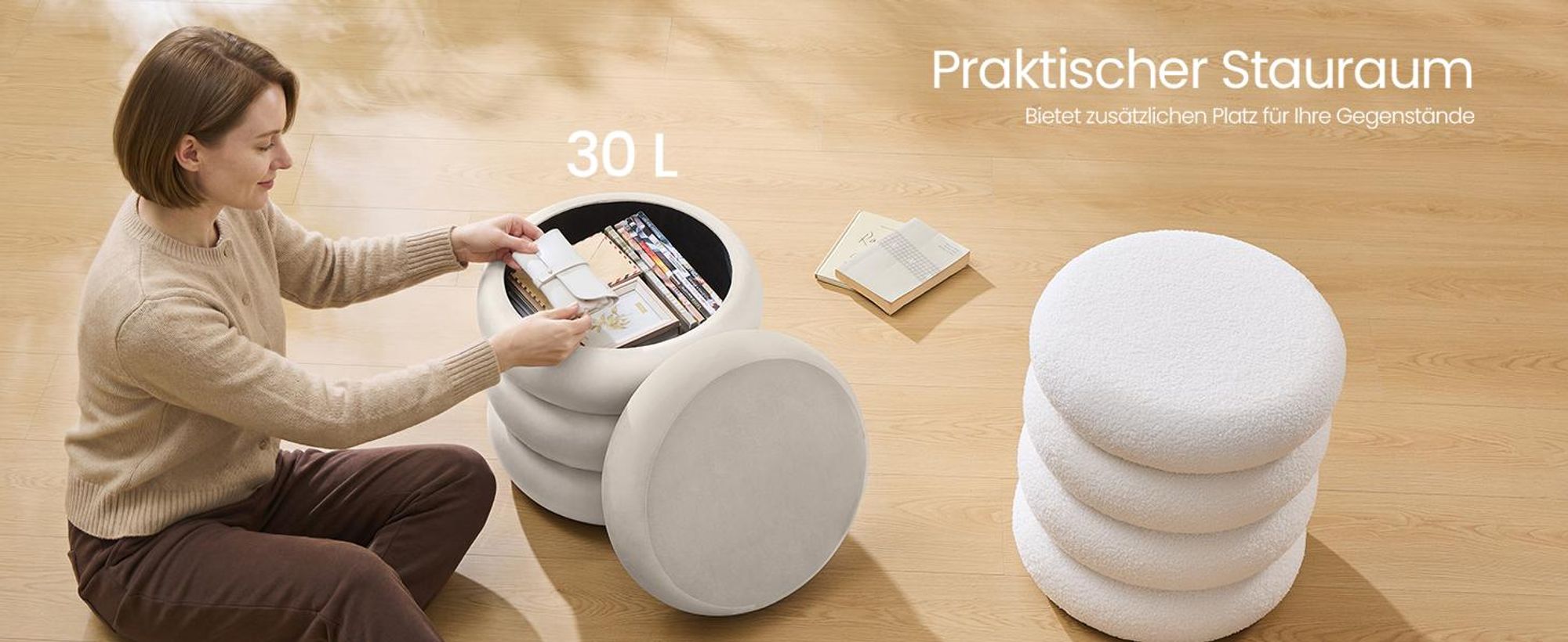 SONGMICS Schminktisch-Hocker mit Stauraum, runder Polsterhocker, abnehmbarer Deckel, Schlafzimmer, Samt, 43 x 47 cm, creme