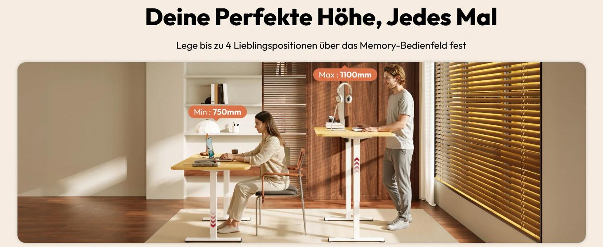 SANODESK QS1 Höhenverstellbarer Schreibtisch Elektrisch EINTEILIGE TISCHPLATTE, 4 Speicherplätzen, Haken & Kabelmanagement, 120x60cm (Ahorn)