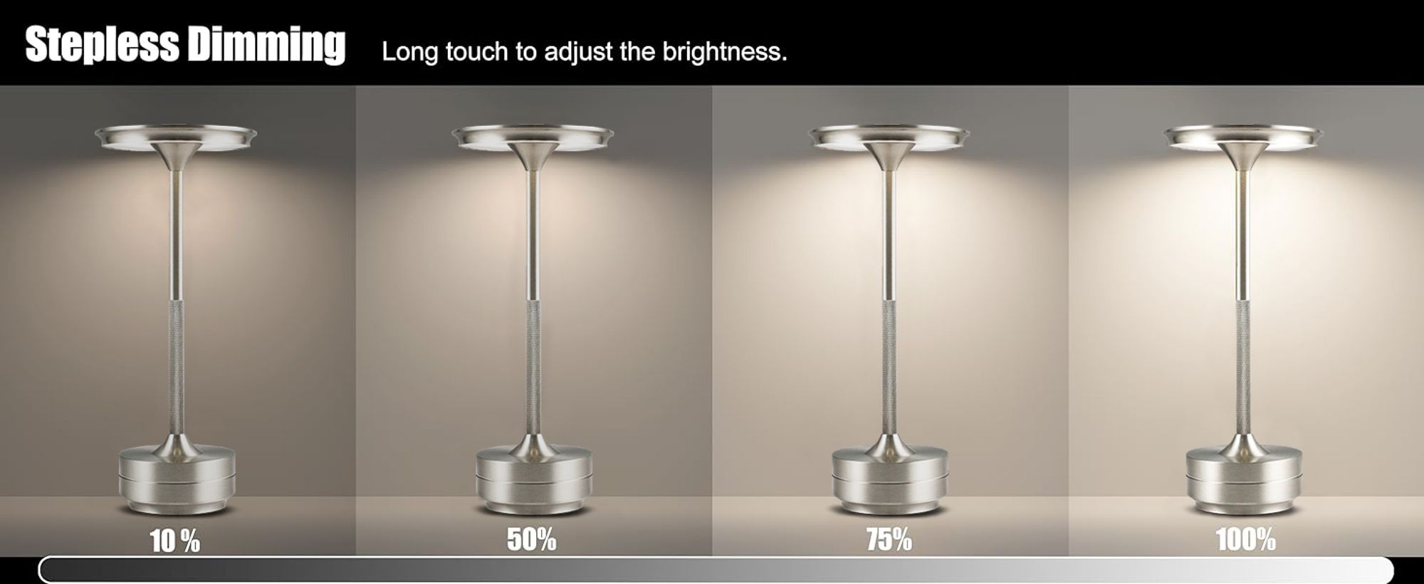 Kabellose Dimmbare LED Akku Tischleuchte Touch Tischlampe Lampe Wohnzimmer Nachttischlampen Dreifarbiges Licht Silber