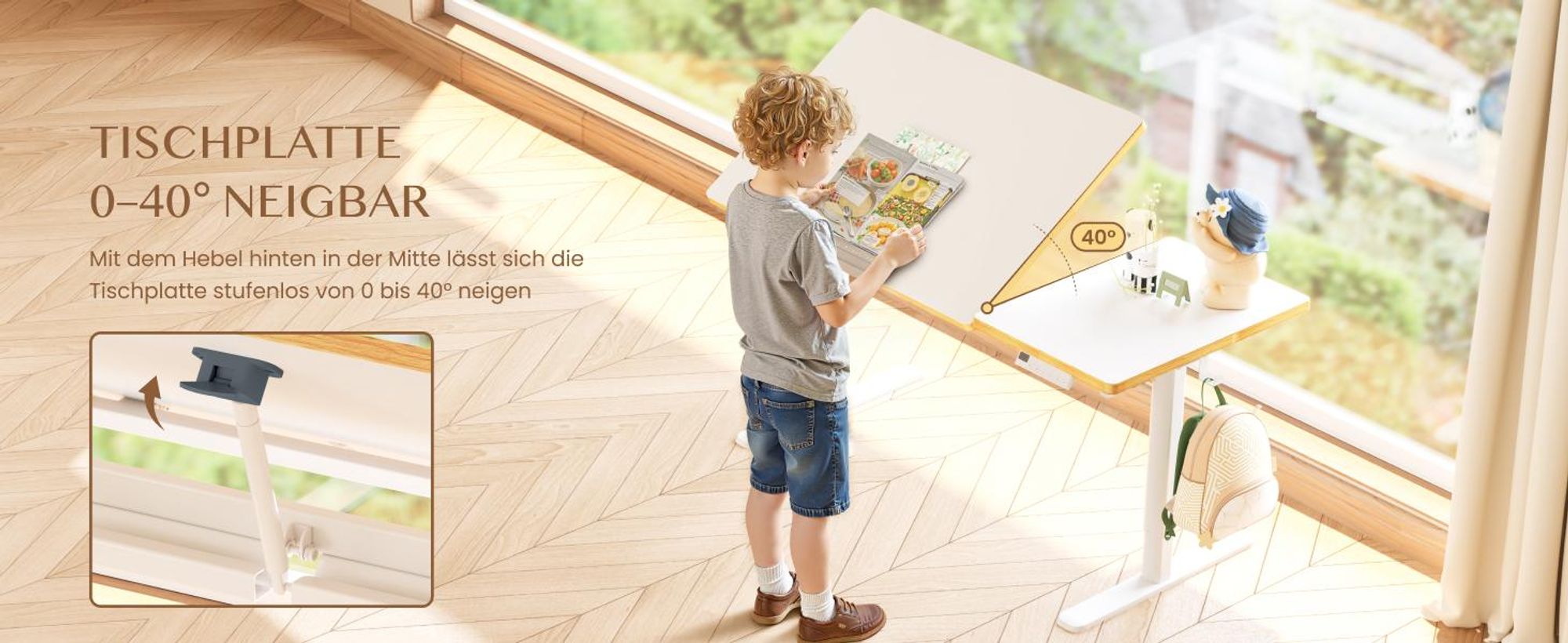 FLEXISPOT Kinderschreibtisch, Elektrisch höhenverstellbar mit neigbarer Tischplatte, LED-Höhenanzeige, 3 Speicherplätzen & Kindersicherung, 110×52 cm