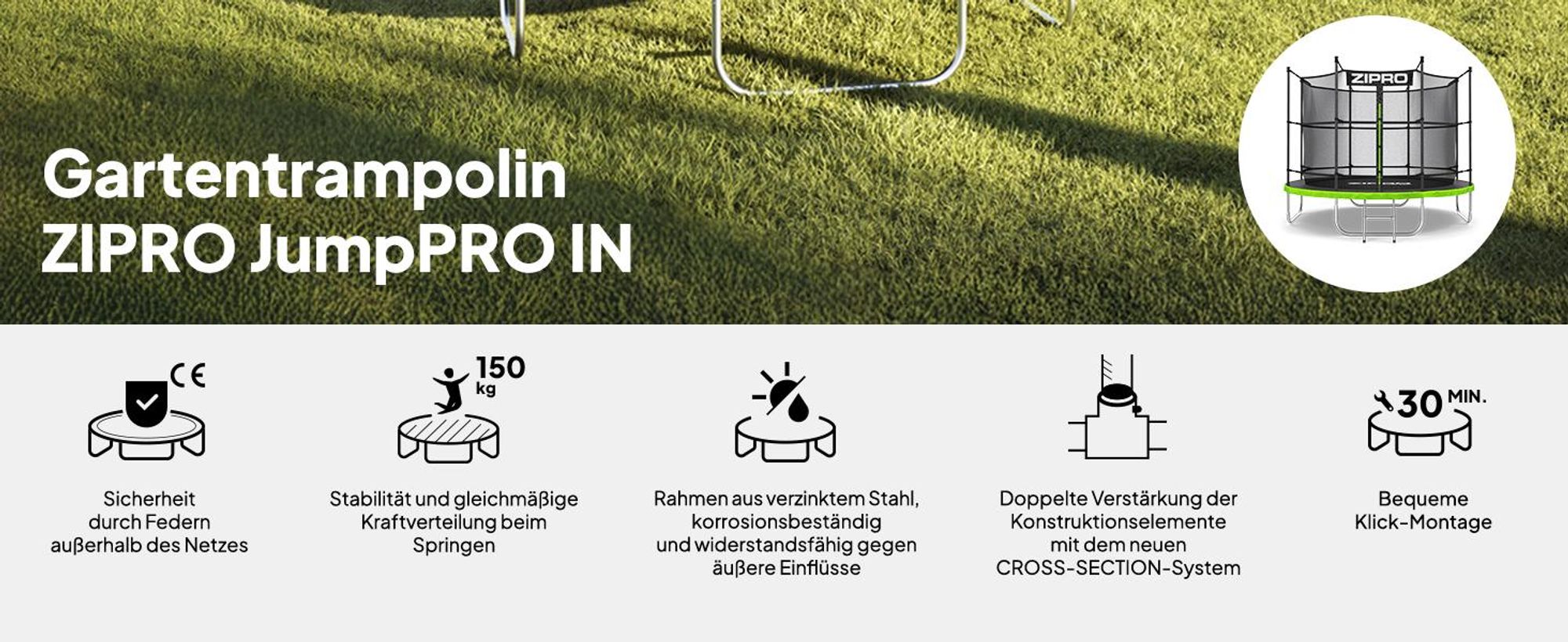 ZIPRO Trampolin Jump Pro IN | 8FT Ø 252 cm | Gartentrampolin Kindertrampolin Komplett-Set inkl. Innennetz, Leiter & Randabdeckung, Outdoor, Grün