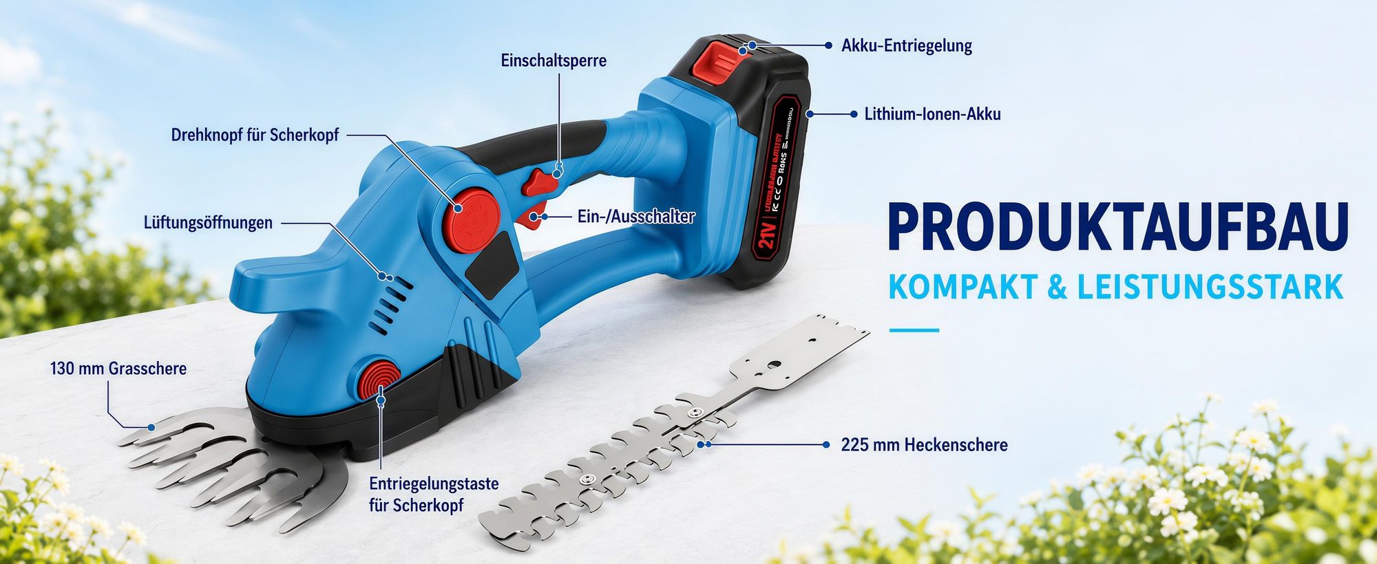 2-in-1 Kabellose Heckenschere,Elektrische Heckenschneider 21V mit 130° Verstellung Drehbarer Kopf (6 Gänge),Sicherheitsschloss,Leicht&Leise,Blau