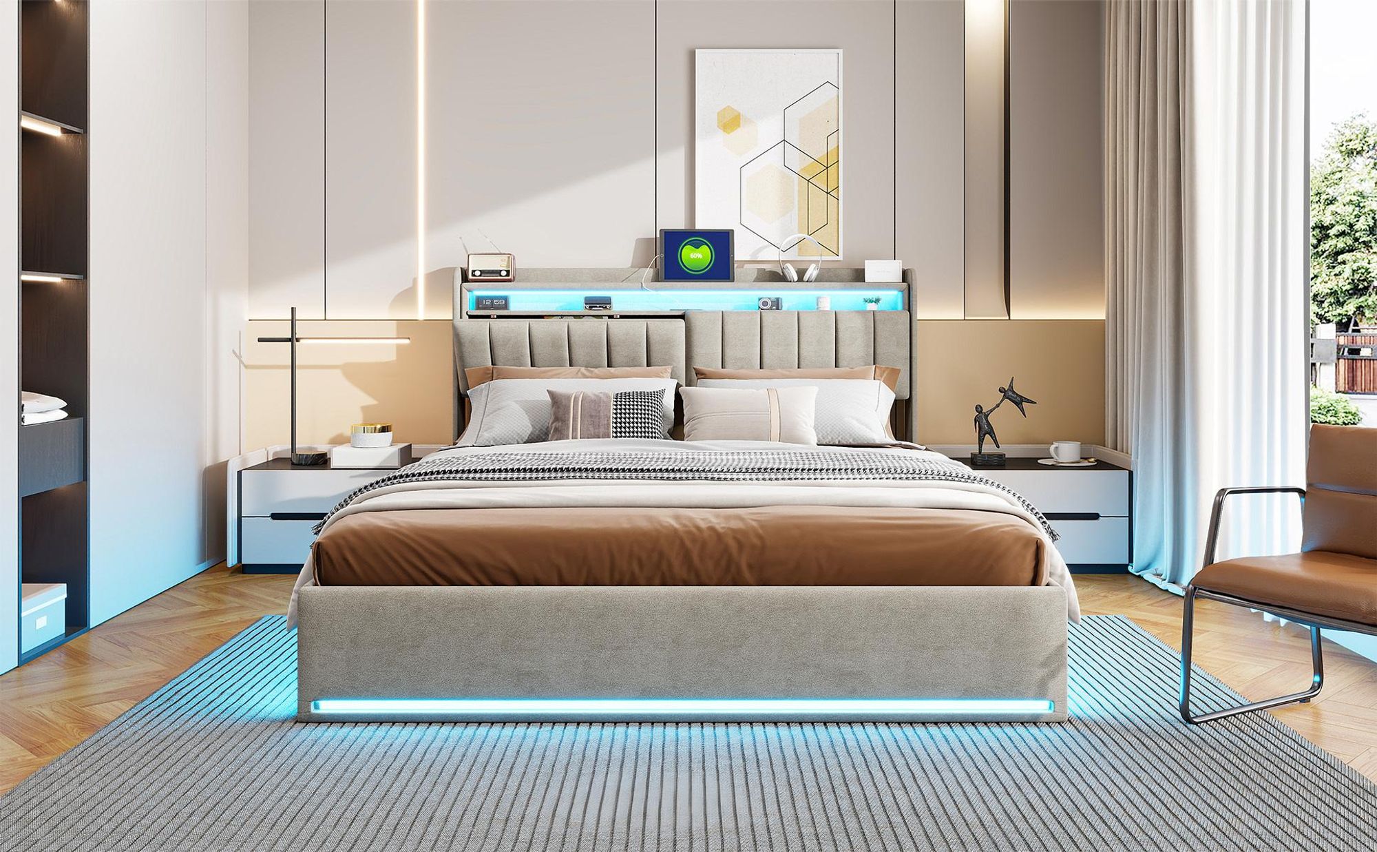 INONEFT Boxspringbett 160×200 mit LED &USB ,Polsterbett mit Stauraum,Hydraulisches Doppelbett, Samt, Grau.