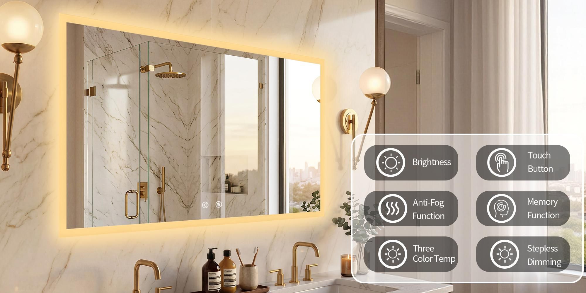 WISFOR LED Badspiegel 100x70 cm mit Beleuchtung Touch Beschlagfrei 3 Lichtfarben IP66