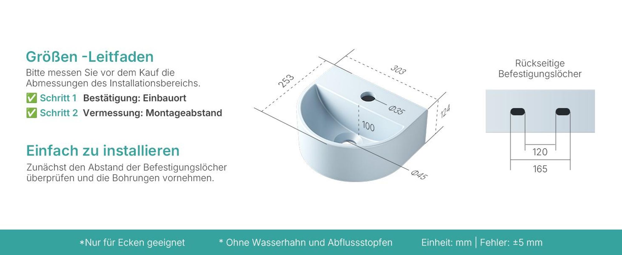 EMKE Kompakt-Wandwaschbecken Keramik U-Form 30.3 × 25.5 × 12 cm – Matt Hellgrau-Blau mit Armaturbohrung