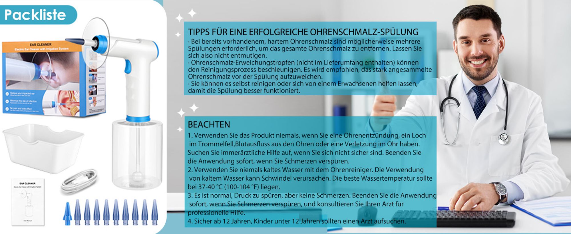Ohrenschmalz-Entferner, Ohrenreiniger, elektrischer Ohrenreiniger, Ohrendusche, Ohrenreinigungsset mit 4 Reinigungsmodi und 10 Ohrstöpseln