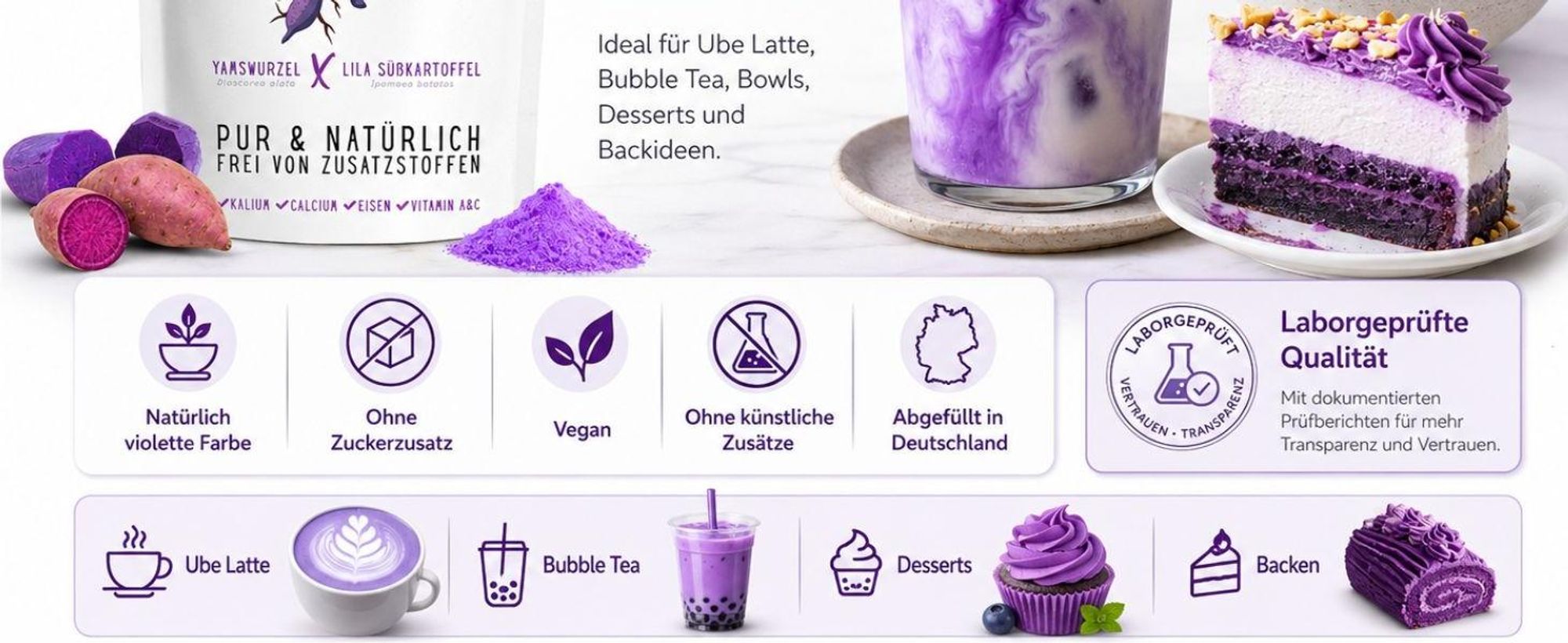 Biomalab Ube Pulver 50g, Natürliche Yamswurzel & Lila Süßkartoffel, Vegan&Natur