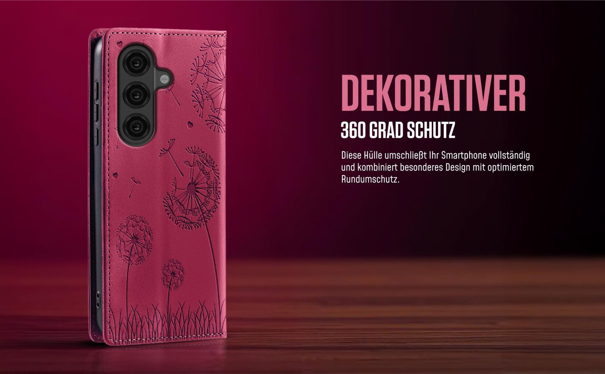 Blume Pusteblume Flipcase in Magenta für Samsung Galaxy S26 mit 360 Grad Schutz
