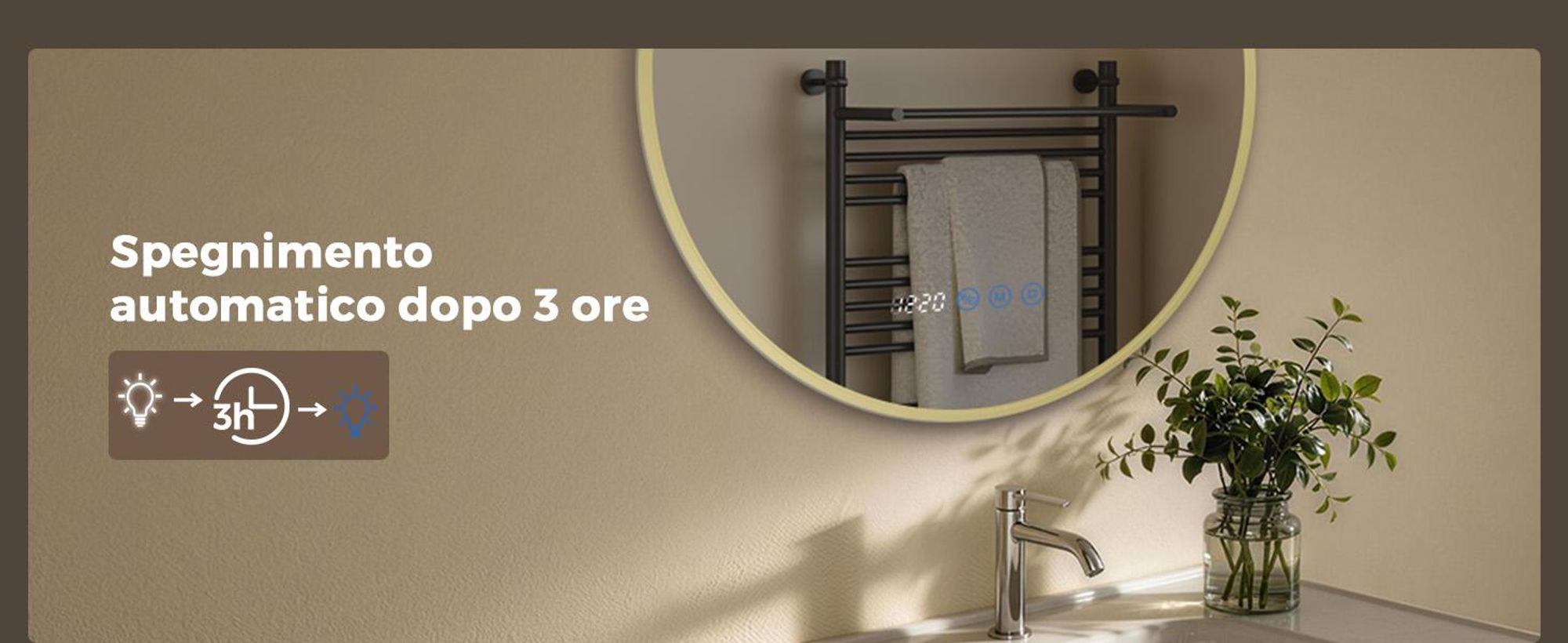 S'AFIELINA Specchio Bagno LED Rotondo 70 cm, Cornice Dorata, 3 colori di luce, luminosità regolabile, antiappannamento, orologio e temperatura