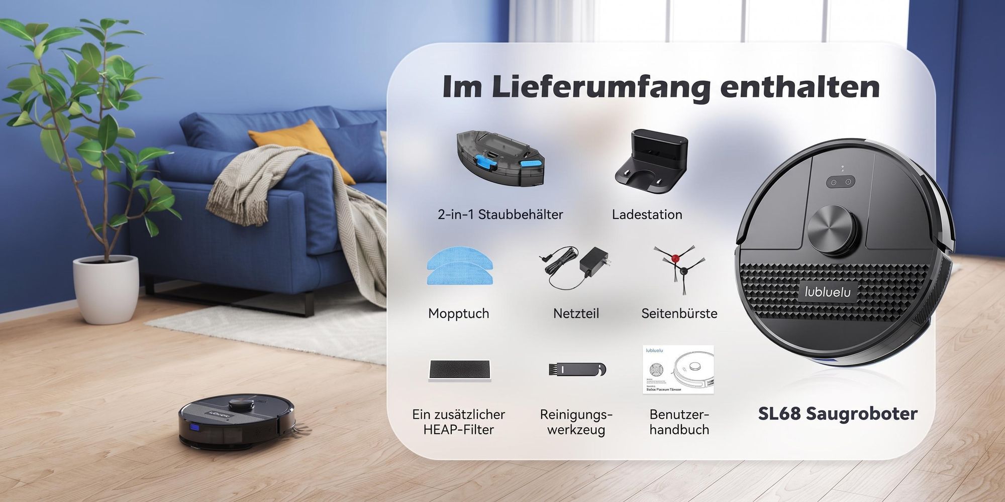 Lubluelu SL68 Saugroboter mit Wischfunktion 3in1, 4500Pa, LiDAR-Lasernavigation, Teppich-Boost, App, 55dB, Intelligente Routenplanung 120MIn
