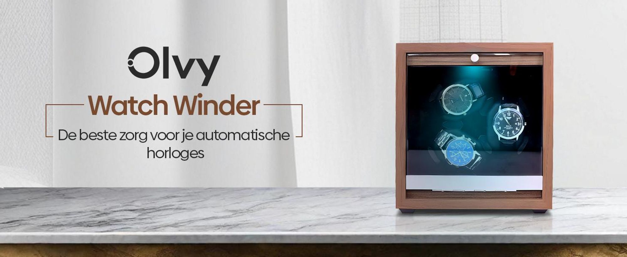 Olvy horlogewinder voor 3 horloges, met LED-verlichting, horlogewindervak van hout, extreem stille Mabuchi motor, flexibel horlogekussen, horlogewinder