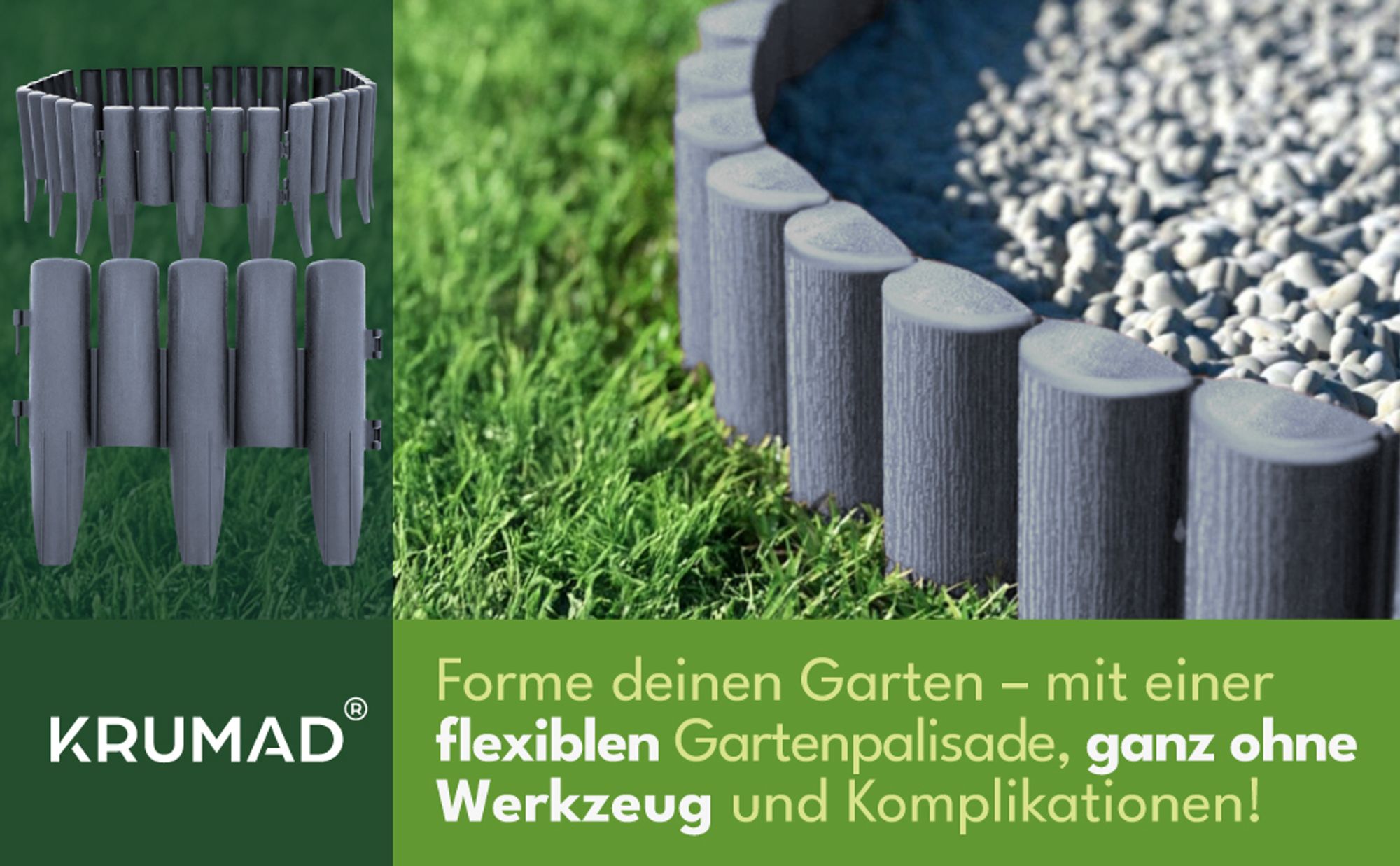 KRUMAD Rasenkante Kunststoff Holzoptik 10 Stück Set 2,8 Meter Höhe 24 cm Beeteinfassung Garten Flexible Beetumrandung Witterungsbeständig Grau