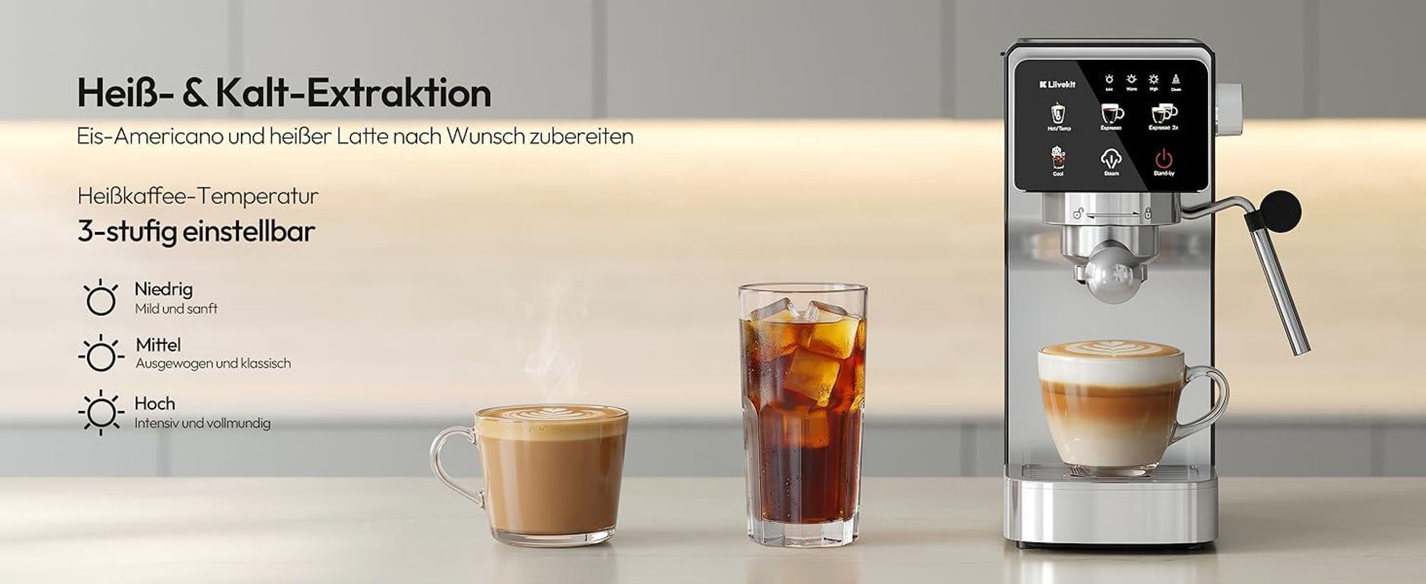 LLIVEKIT Siebträgermaschine, 20 Bar Espressomaschine mit Milchaufschäumer, Edelstahl