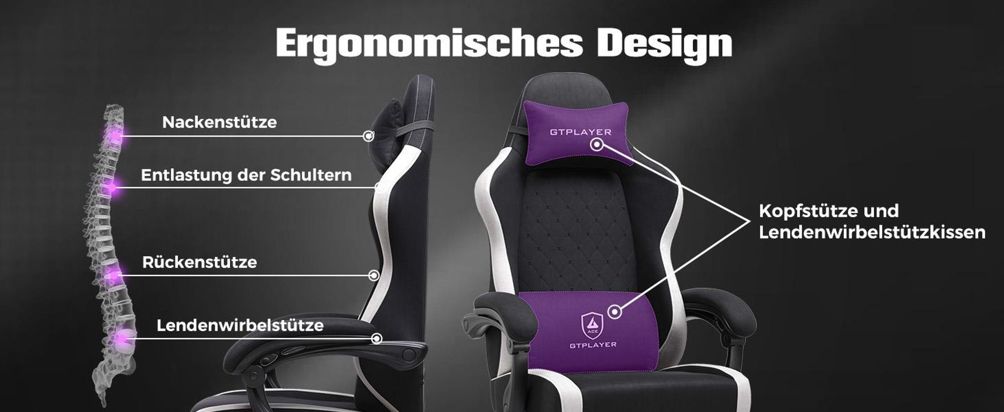GTPLAYER Gaming Stuhl Ergonomischer, PC Stuhl Atmungsaktiver Stoff, Groß und Hoch Drehbarer Schreibtischstuhl mit Fußstütze, Schwarz
