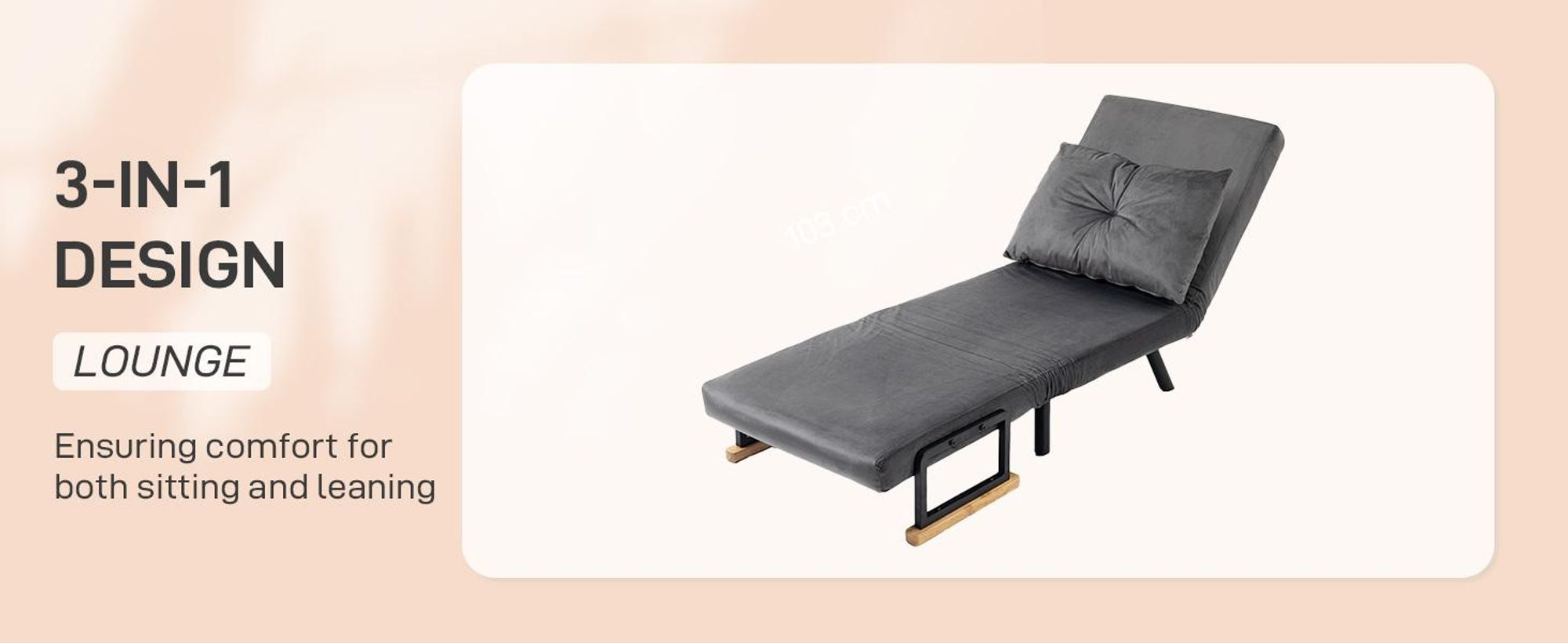 Sofa rozkładana HOMCOM 4 w 1, 2-osobowa z funkcją spania, 183 x 63 cm, rozkładana z 5-stopniową regulacją oparcia, podłokietnikiem, poduszką lędźwiową, welurowy wygląd do salonu, ciemnoszary