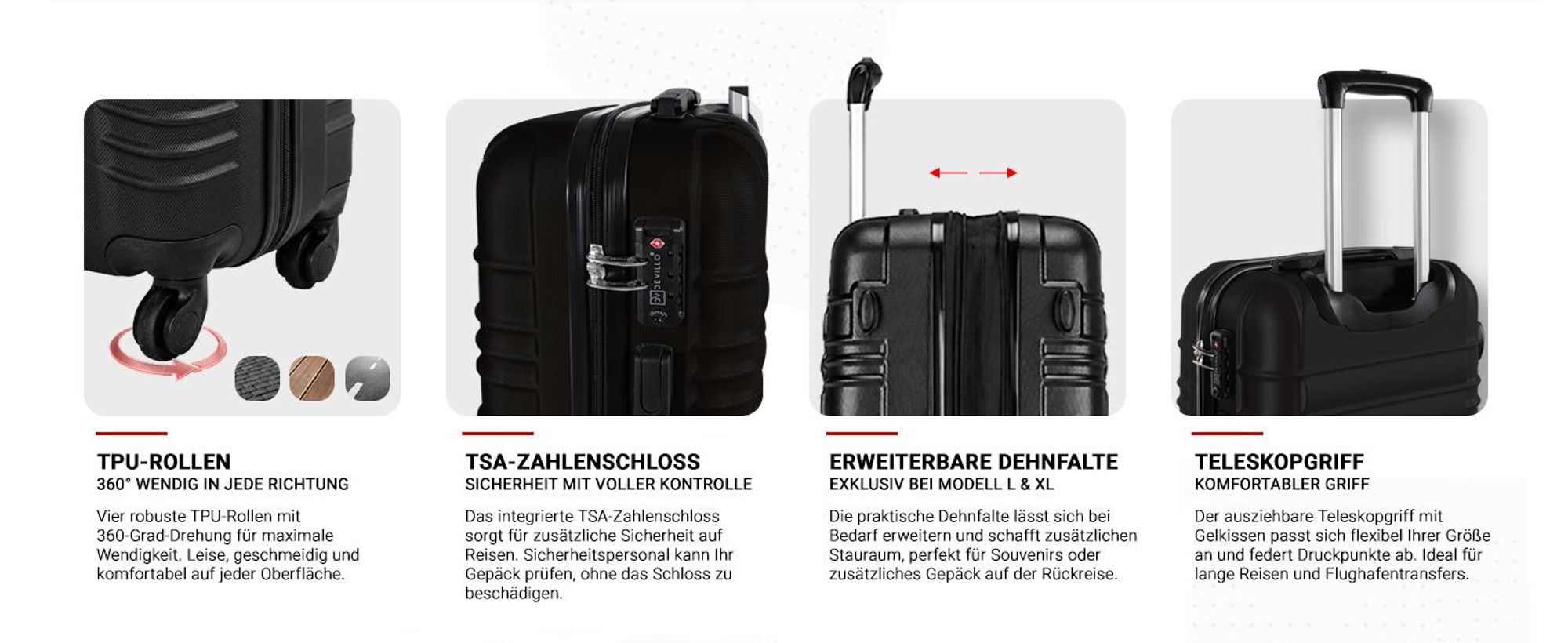 Devillo® Kofferset 4tlg. S-M-L-XL, Onyxblack - Trolley Koffer Reisekoffer Reisekofferset Gepäck Rollkoffer TSA 4 Rollen ABS-Hartschale Teleskopgriff