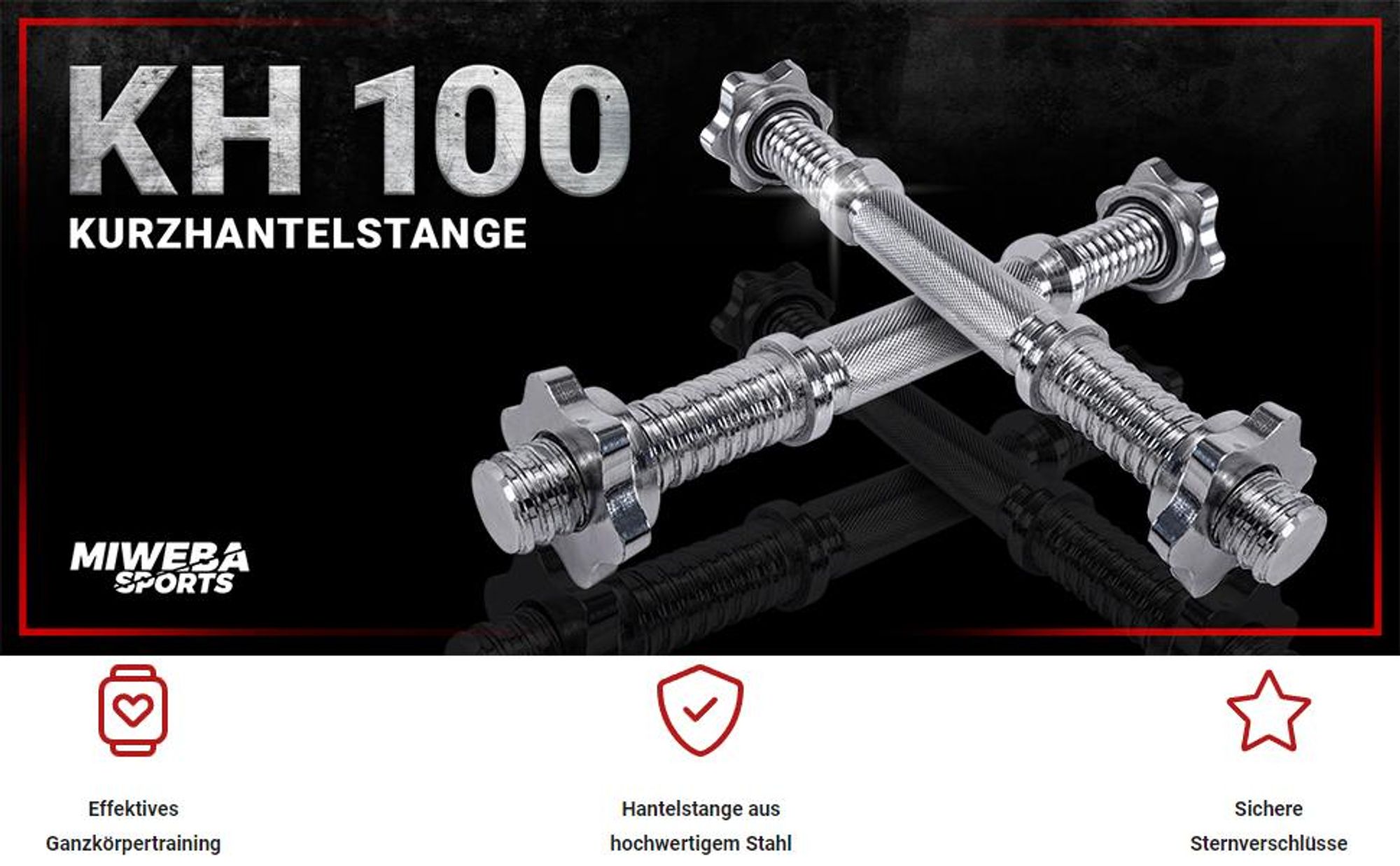 Miweba Sports KH100 | Kurzhantel Stange mit Sternverschluss - 35cm, Ø30mm - Bis 40 Kg pro Stange - Hantel Stange - guter Grip - Ohne Gewicht (2er Set)