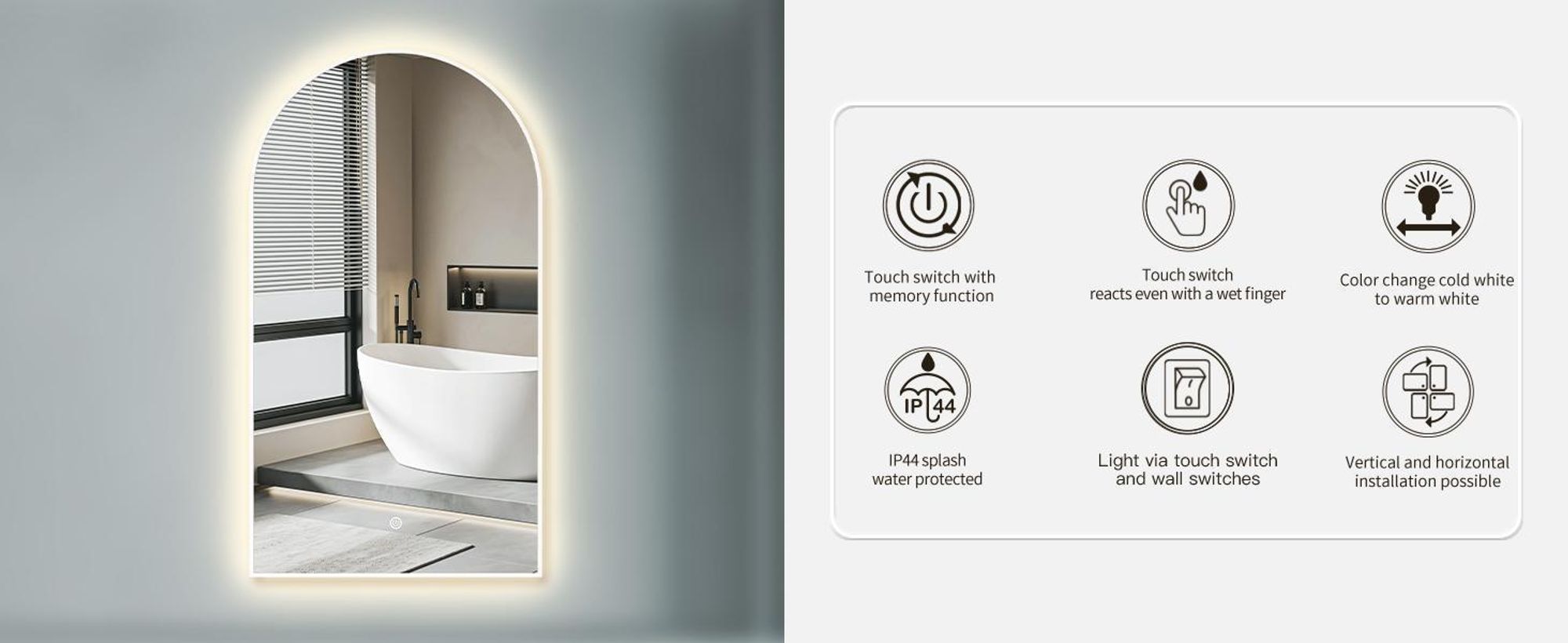 HOKO Miroir de salle de bain arc LED 60x100cm avec cadre métallique, montage HAUT+QUI,Arch miroir lumineux+interrupteur tactile+lumière changeant 2700-6500K, blanc chaud-froid