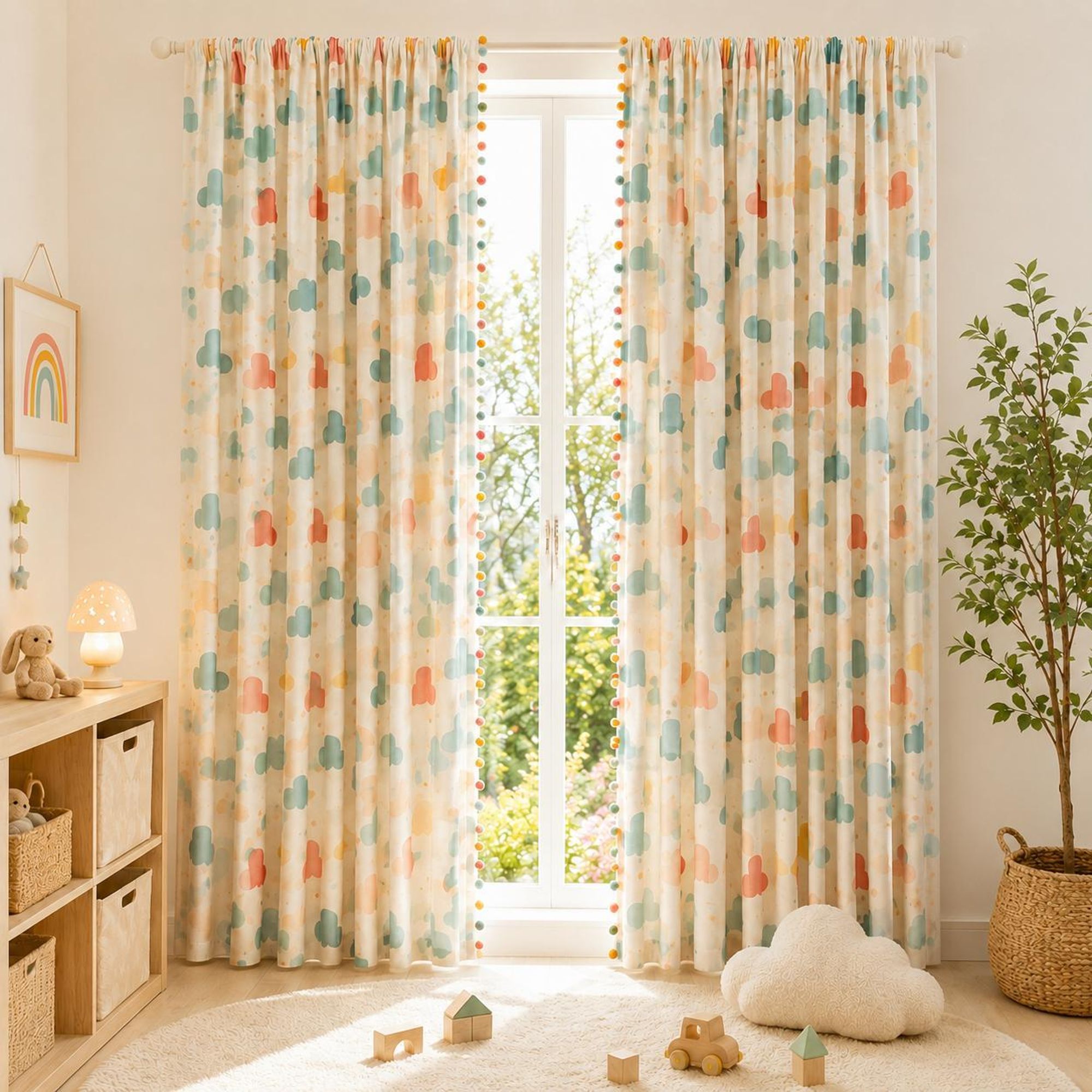 Vorhänge Kinderzimmer 2er Set Kräuselband Bunt Vorhang mit Pompons Leinenoptik 150GSM Sichtschutz Blickdicht Wolken Dekoschal Baby Mädchen 132x215cm